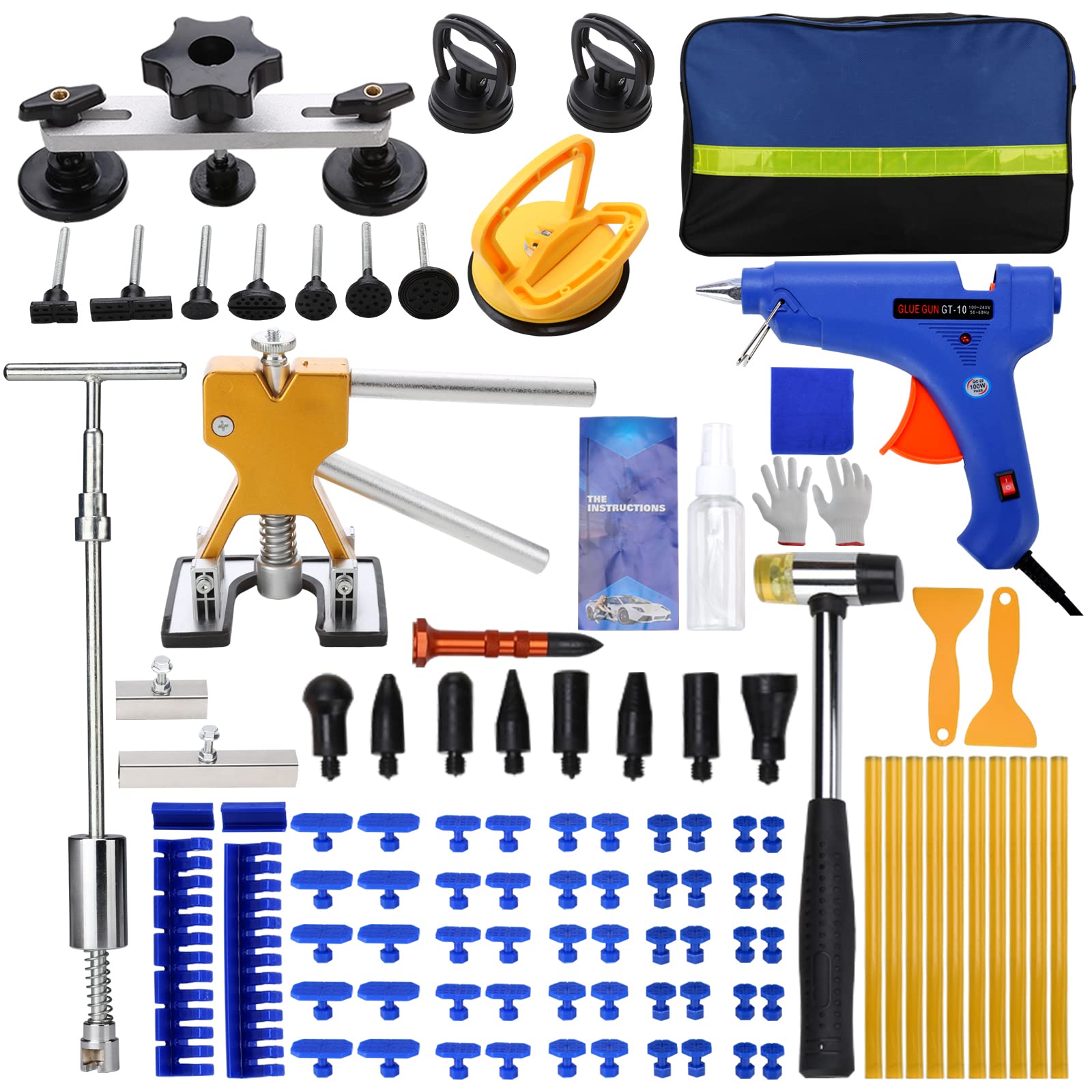 Teen Dream97PCS Paintless Auto Body Dent Puller Kit, Car Dent Removal Kit with Golden Lifter Bridge Puller Slide Hammer T-bar Dent Puller Suction Cup and Glue Gun for Car Dent Repair (97PCS)