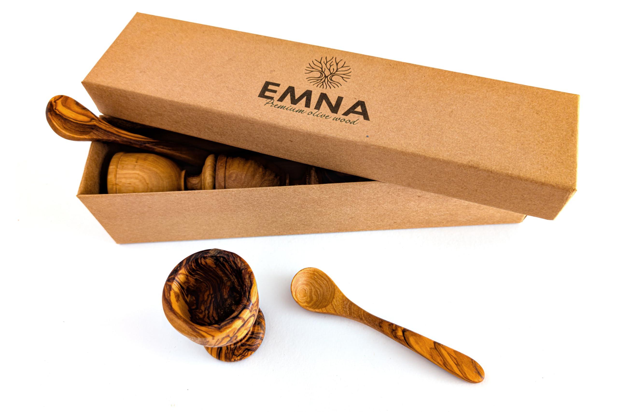 EMNA Lot de 8 coquetiers en bois d'olivier - 4 coquetiers tournés à la main et 4 cuillères en bois - Idée cadeau élégante pour Pâques et Noël - Coffret cadeau exclusif avec certificat d'authenticité