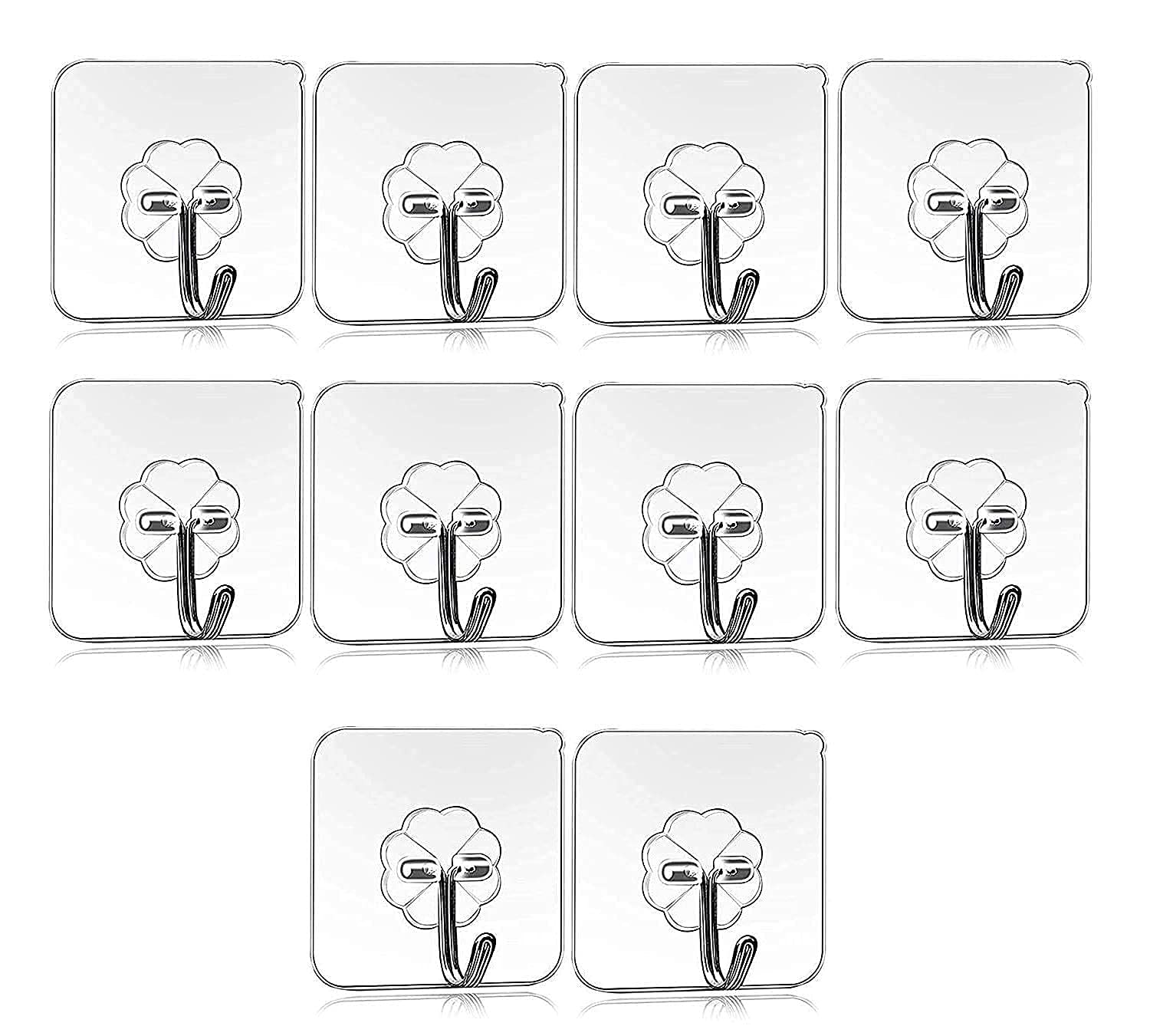 LAGET® Wall Hanging Hooks for Wall Without Drilling, 10 Pack Self Adhesive Hooks for Wall Heavy Duty Strong Nail Free, Kitchen Accessories Items (Hanging Hook, Transparent) Stainless Steel