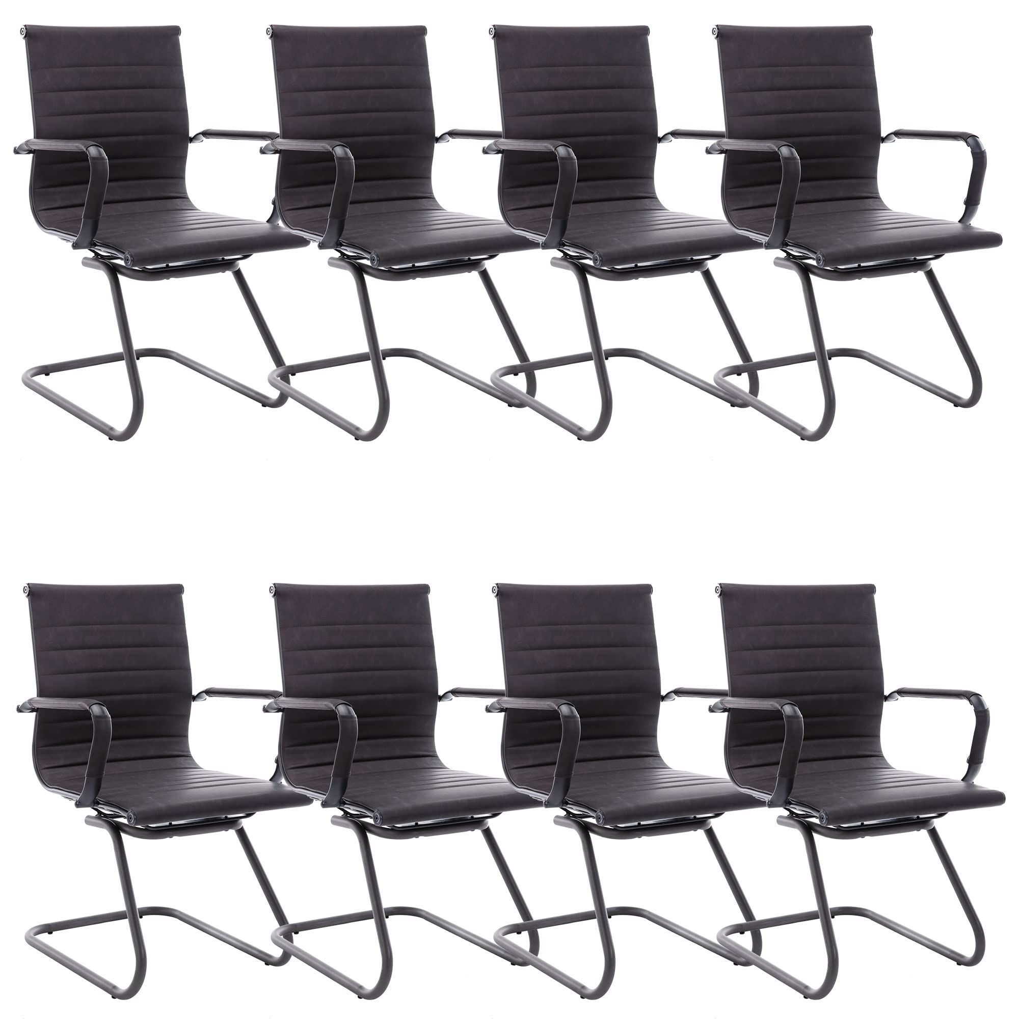 Office Desk Chair No Wheels Set of 8 PU Leather Computer Chairs Mid Back Guest Chairs for School Reception Conference Waiting Room, Vintage Charcoal