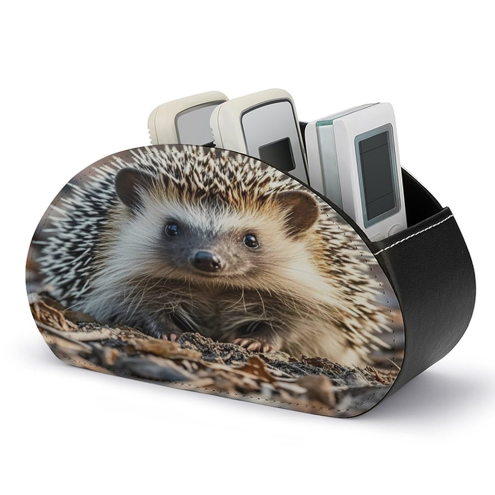 FekiLoot Leather TV Remote Control Holder with 5 Compartments Multifunctional TV Remote Holder Bedside Table Remote Caddy Storage Box Hedgehog Remote Organizer for Home Office