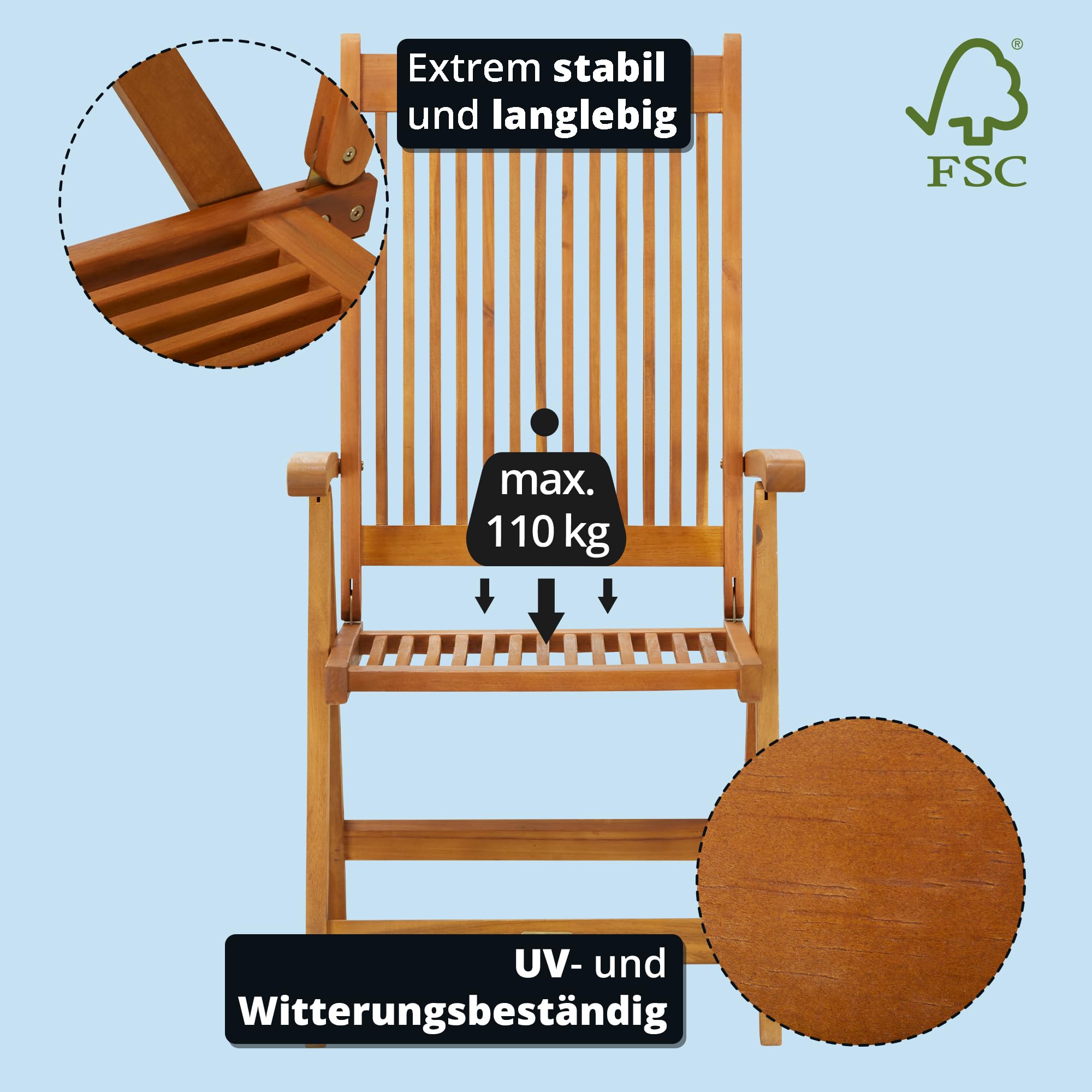 KHG Gartenstuhl mit Armlehnen 100% Akazien-Echtholz, vielseitig einsetzbar | klappbar, wetterfest, verstellbare Rückenlehne, Hochlehner, Klappstuhl, 110 kg belastbar, braun, praktisch im Alltag