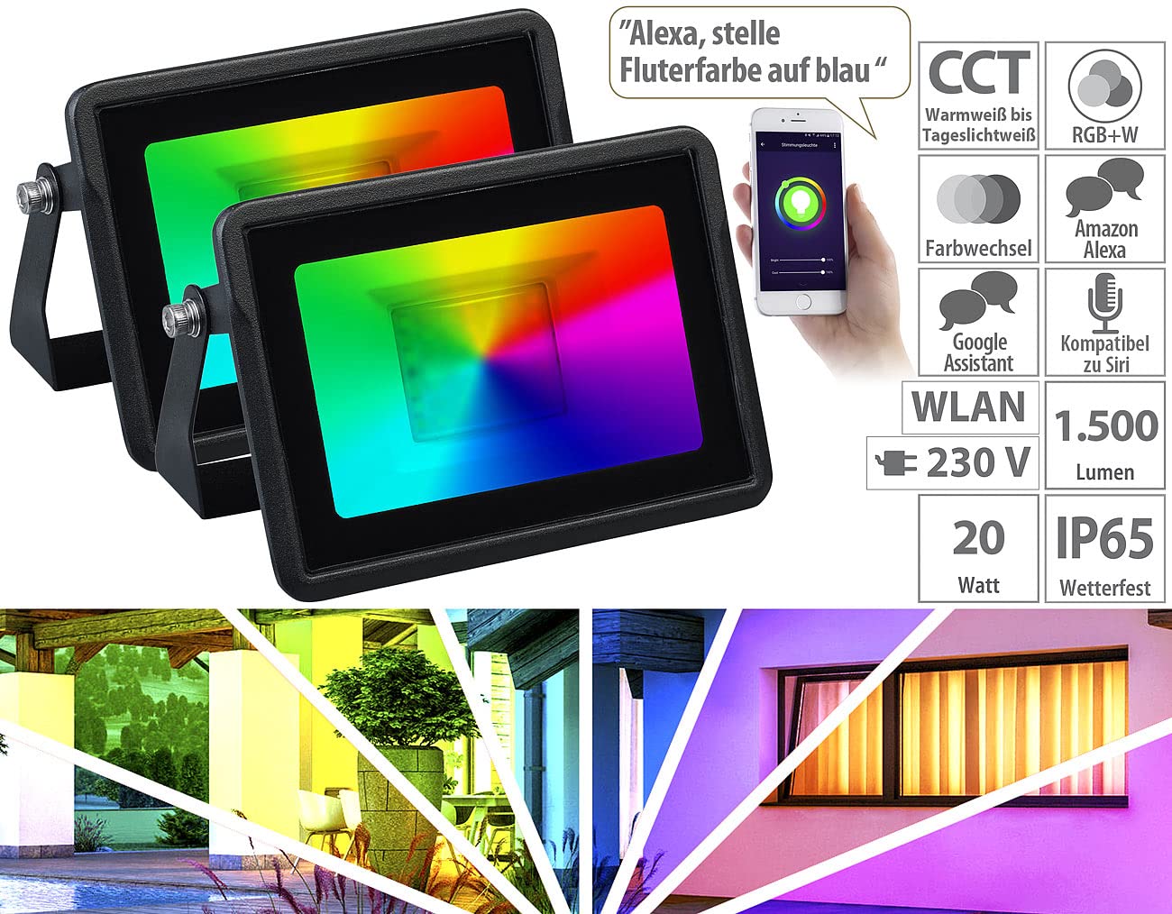 2 projecteurs connectés RVB CCT - 20 W - 1500 LM [Luminea Home Control]