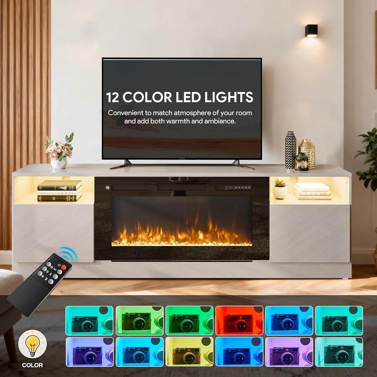 The TV stand with a television and the electric fireplace, showcasing the 12 color LED lights illuminating the open shelves, with a remote control in the foreground.