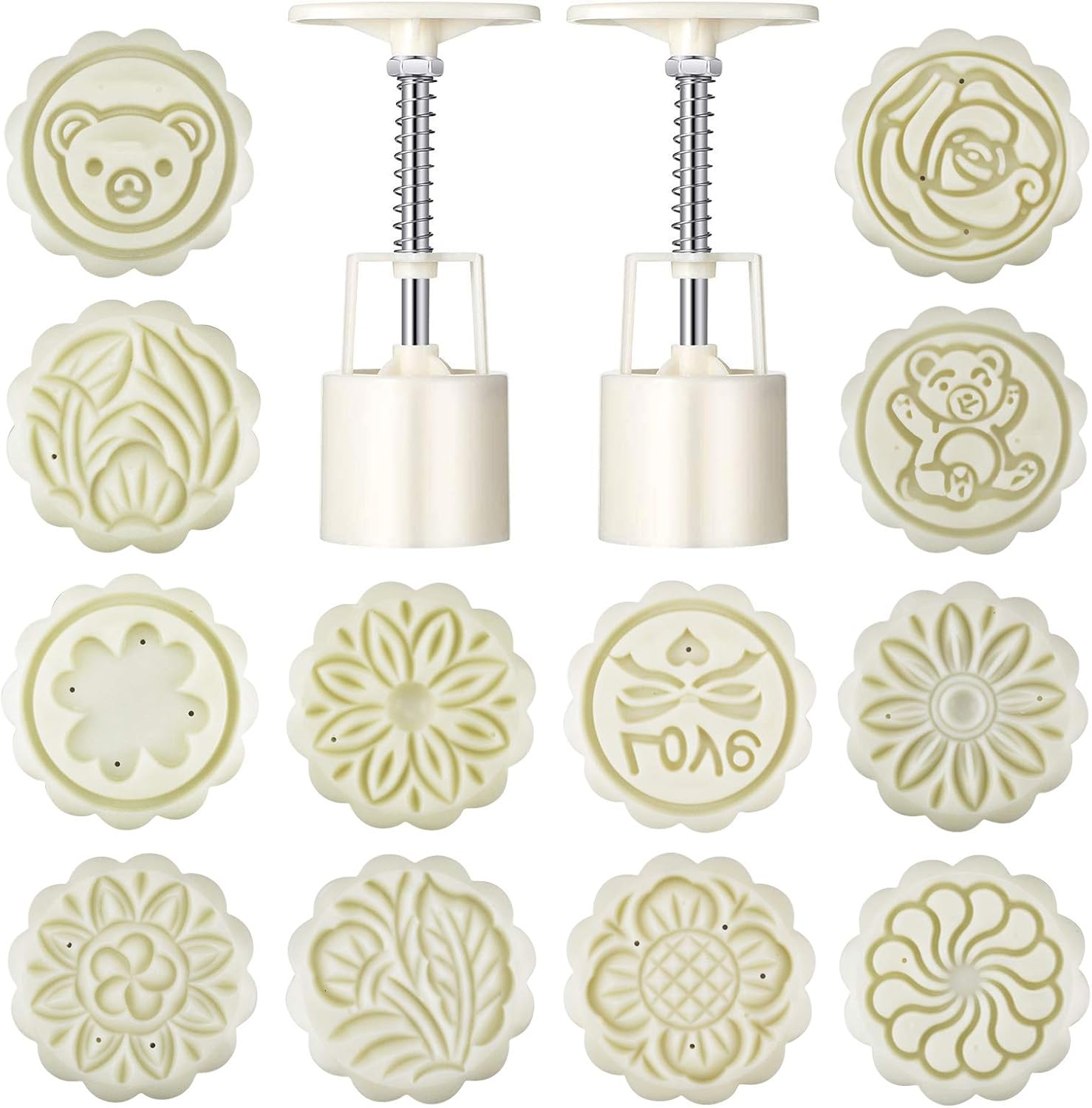 16 PCS Bath Bomb Mold Set Includes 2 pcs Bath Bombs Press and 14 pcs Different Pattern Stamps for Cookie Stamps Pastry Tool Moon Cake Maker Bath Bombs Press