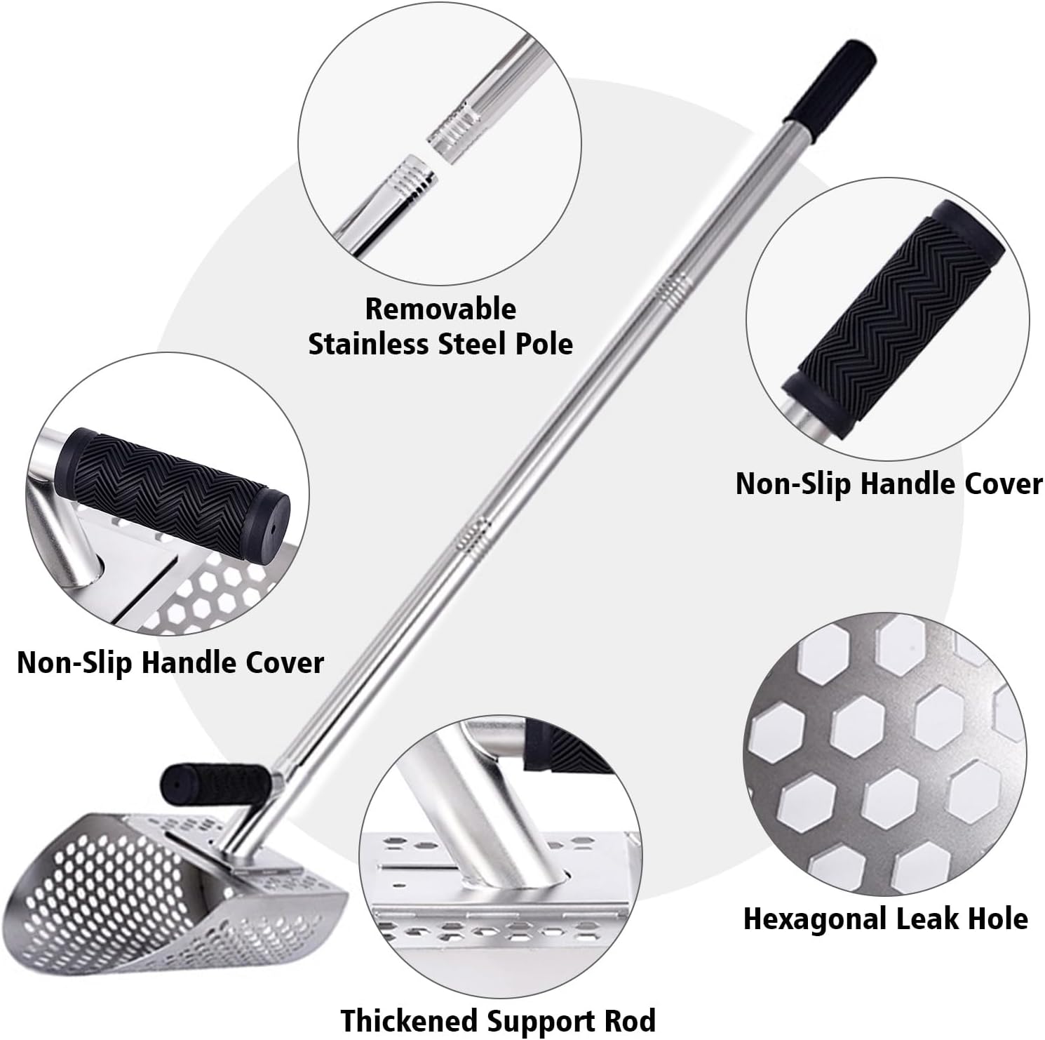Beach Scoop Stainless Steel with Long Handle Metal Detecting Removable Sand Scoop Durable for Beach Cleaning Hunting Camping