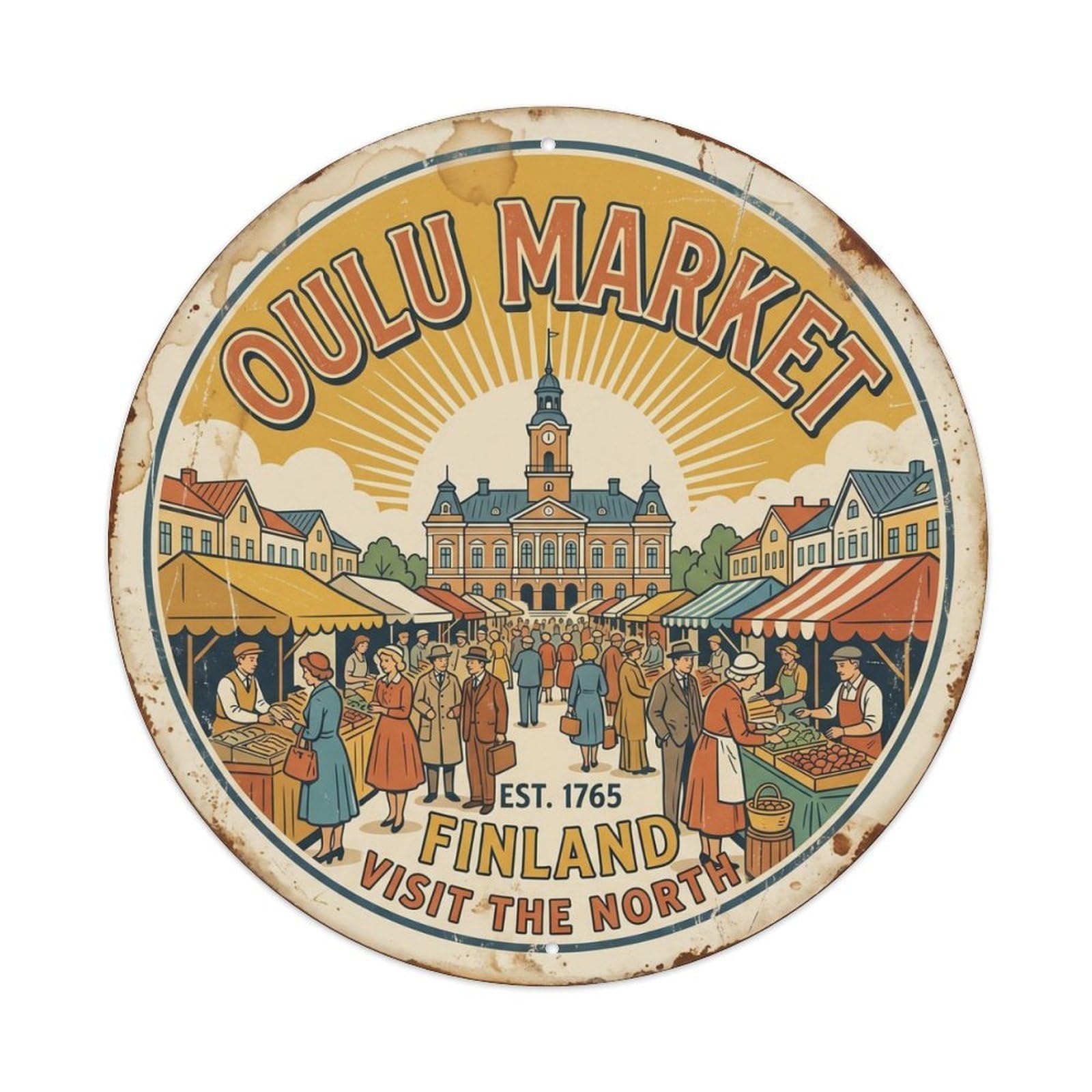 Vintage Travel Oulu Finland Marketplace Metal Tin Sign Plaque Wall Decor for Cafe, Club Bar, Office, Home Garden Round Metal Poster 8x8Inch