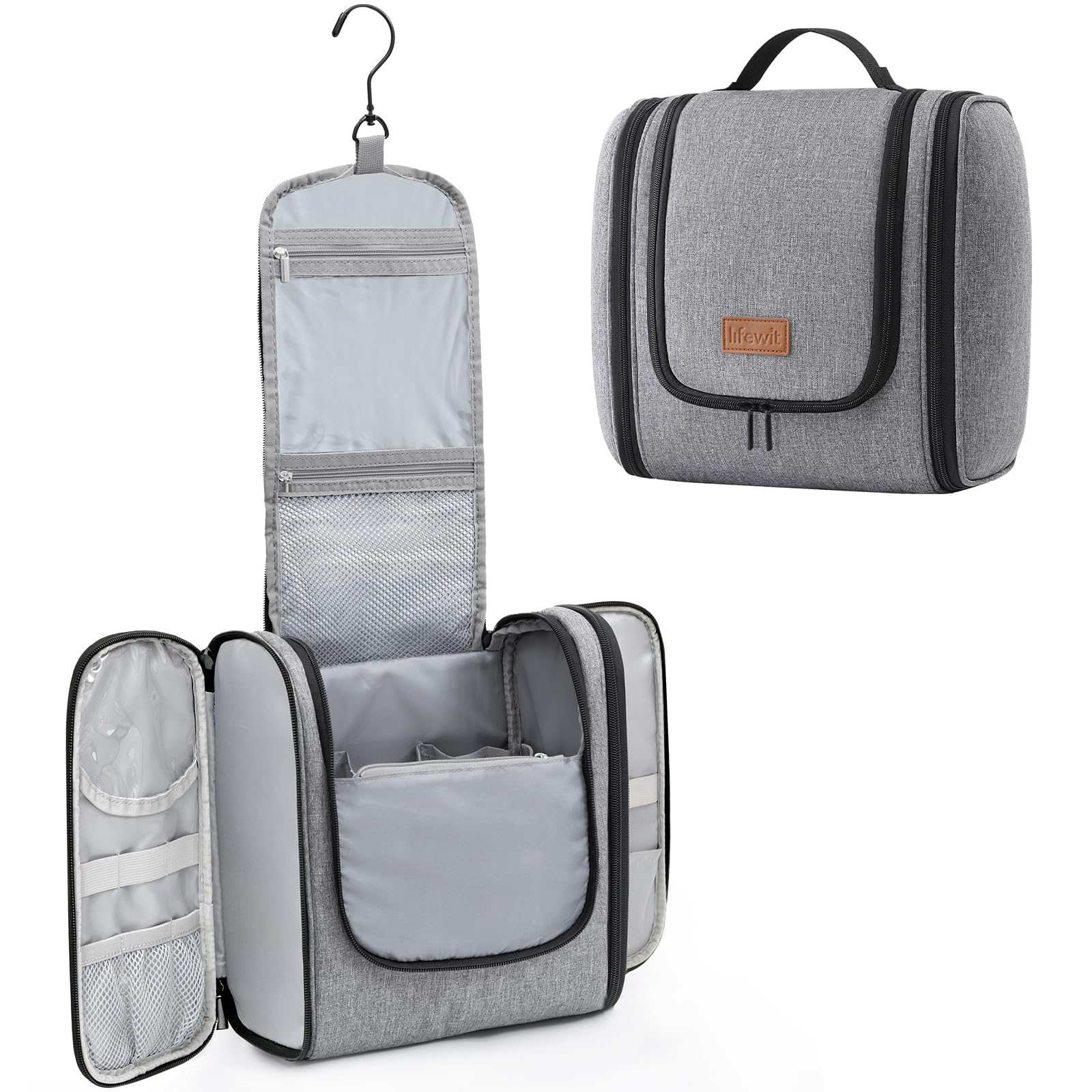 Lifewit Große Kulturbeutel Herren, Tragbare Kulturtasche zum Aufhängen, Reise Kulturbeutel Kosmetiktasche mit Fächer, Waschtasche für Männer und Frauen, Wasserdichter Geeignet für Kosmetik, Grau