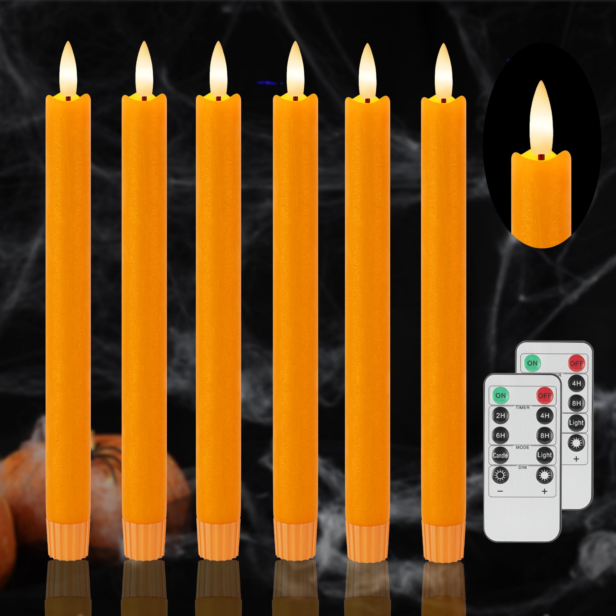Orange Flameless Taper Candles, Fall Battery Operated Candles with Remote