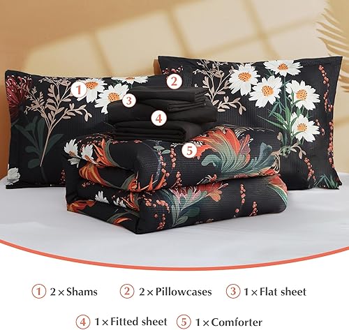 Miniatura 6 de CASAAGUSTO Juego de edredón tamaño Queen, 8 piezas de edredón floral negro con patrón de flores y hojas, diseño de sirsaca suave para todas las