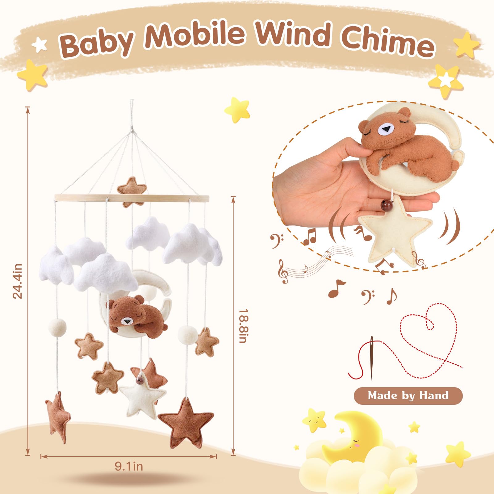 Mobile lit bébé, Mobile Bébé Bois avec Ours Etoiles Nuages Lune Cloches, Bois Berceau Bébé Jouet, Carillon Mobile, Chambre de Bébé Cloche de Lit, Cadeaux Naissance pour Bébés Filles Garçons (Marron)