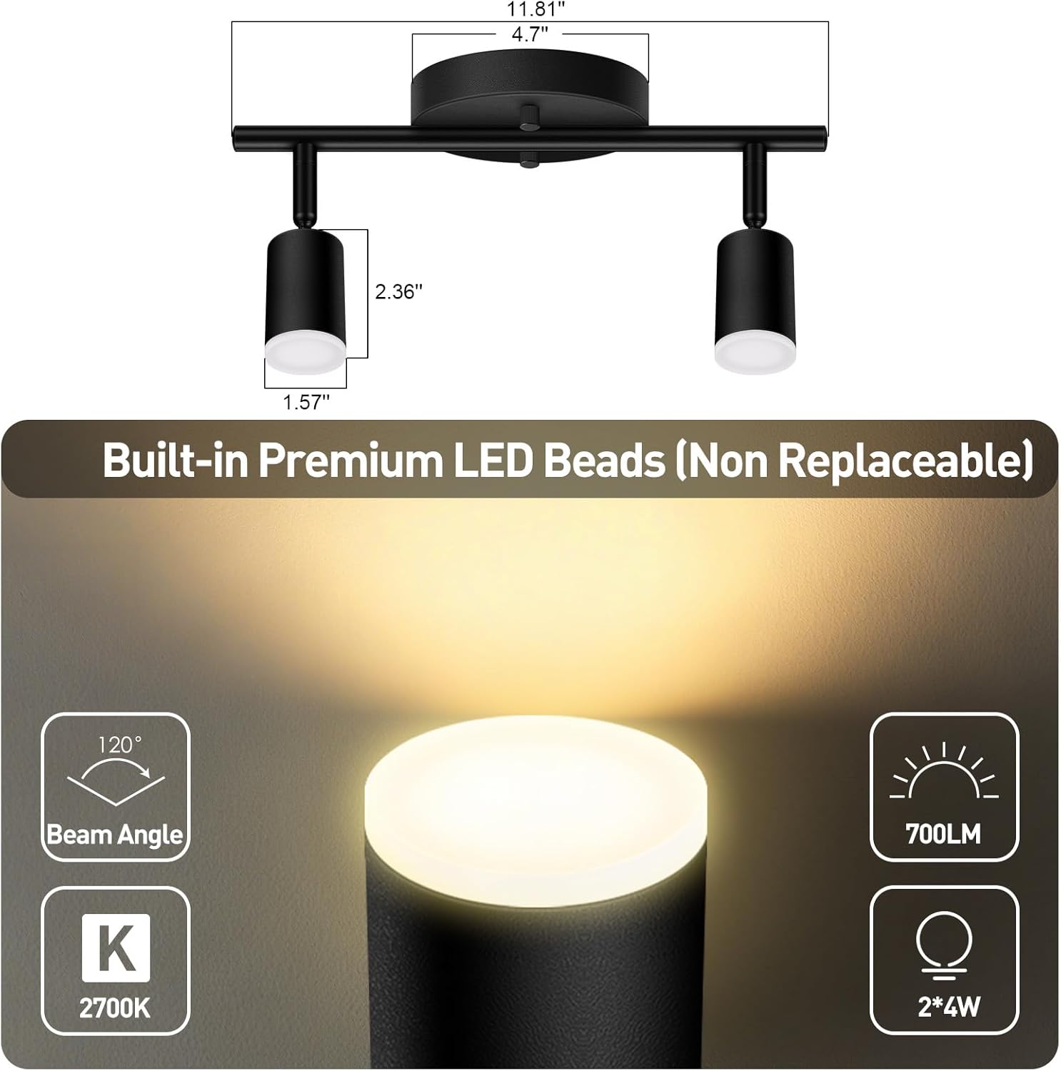 AUQUEE 2 Light Track Lighting Fixtures Ceiling, 8W/2700K Black Track Lighting with Acrylic Lampshade & Rotatable Light Heads, 20000hrs Lifespan, Modern LED Track Lights Ceiling for Kitchen/Hallyway
