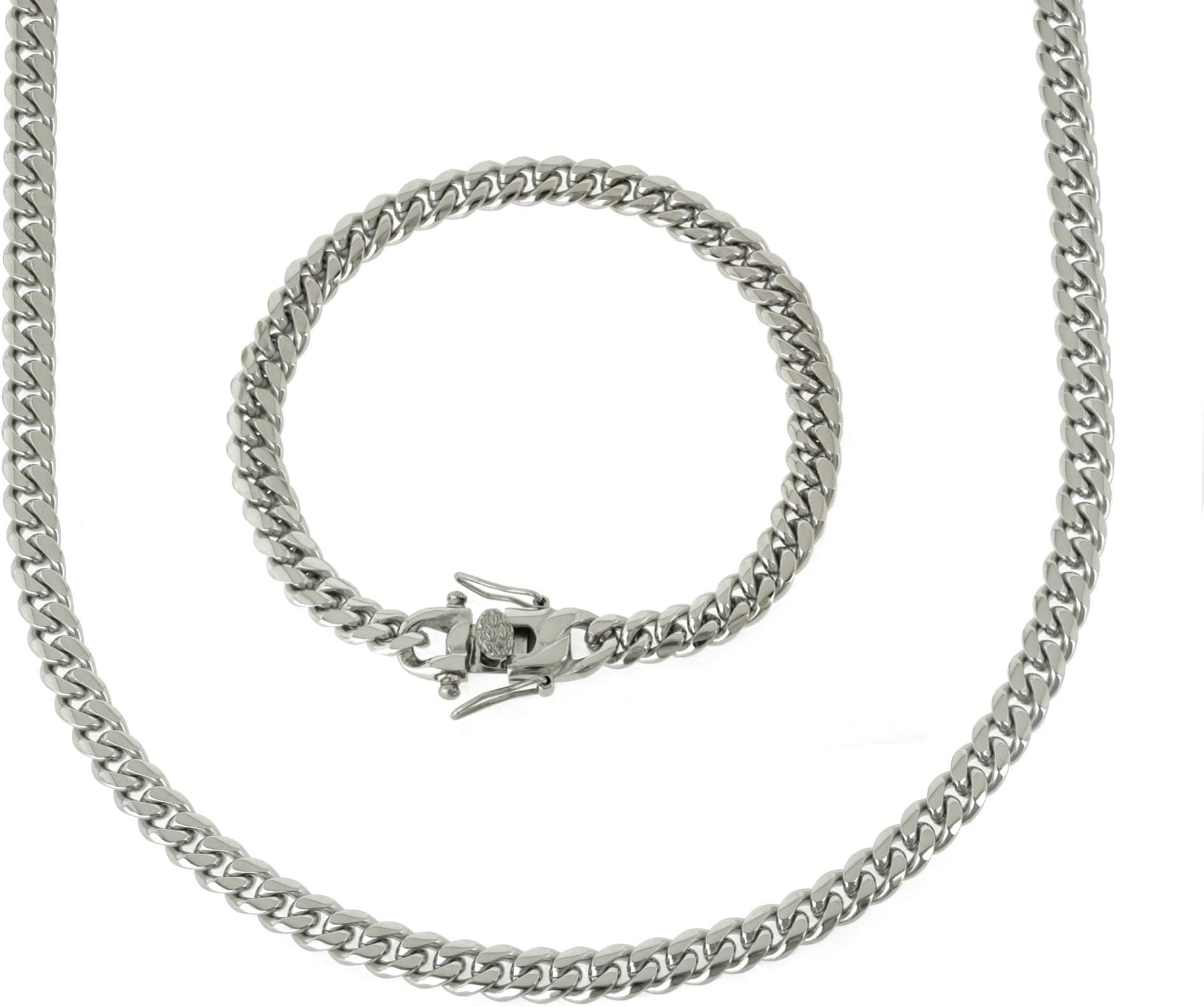 Bling Bling NYBling Bling NY ANTI-TARNISH Solid Silver Finish Stainless Steel 6mm Thick Miami Cuban Link Chain Box Clasp Lock Necklace 16-30 inches Bracelet 7-9 inches
