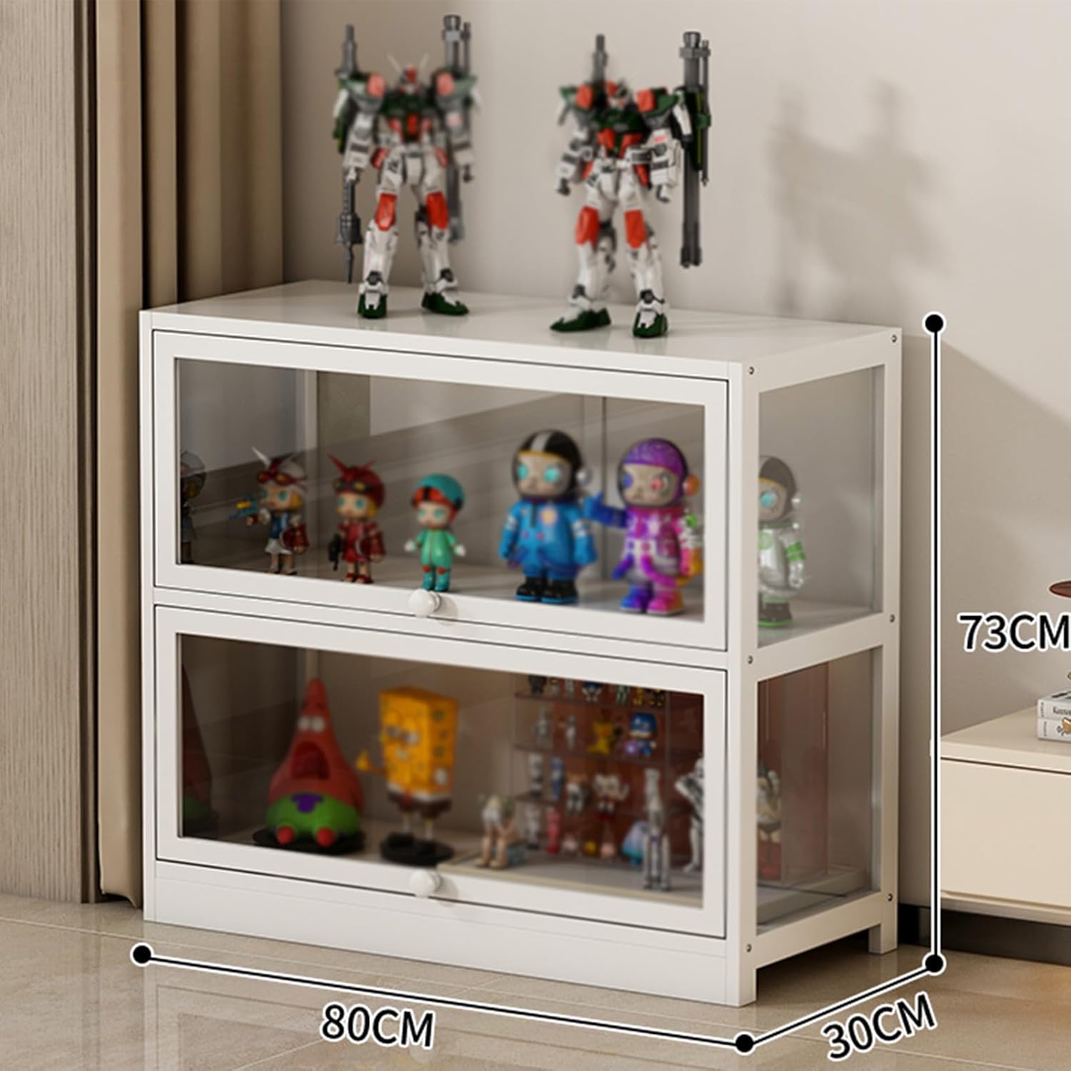 Acrylic Display Cabinet, Glass Display Cabinet Curio Cabinet Display Cabinet Natural Bamboo Frame, Safe and Healthy, Double Door Design for Convenient Storage, Sealed dustproof, Easy to Clean