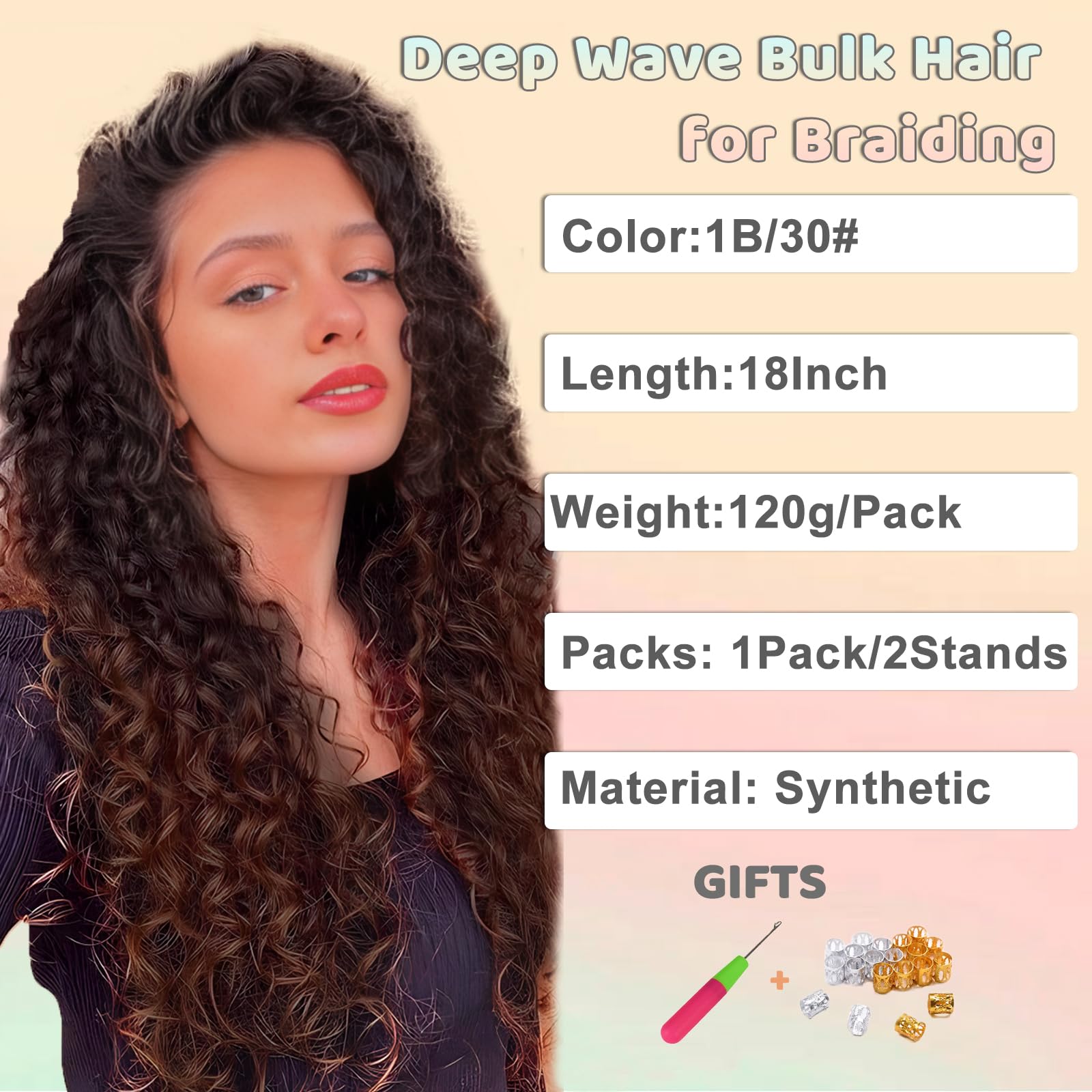 Deep Wave Bulk Hair for Braiding 18 Inch No Weft Deep Wave Bundles Curly Braiding Hair Extensions for Boho Braids and Wavy Braiding Hair 2 Braids per Pack (T30# - Image 2