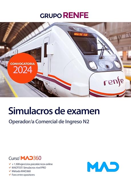 Portada de Operador Comercial de Ingreso N2 del Grupo Renfe. Simulacros de examen