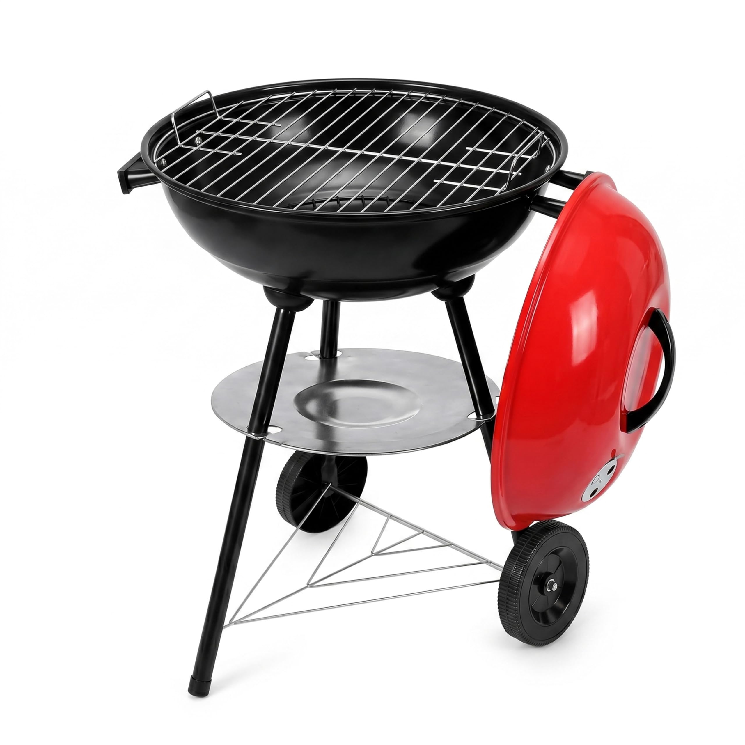 FINE GARDEN BBQ Grill, 17" Kettle Charcoal BBQ Grill with Wheels & Lid, Portable Trolley Barbecue with Adjustable Vent, Ash Catcher & Storage Rack, Outdoor Garden BBQ (Red/Black)