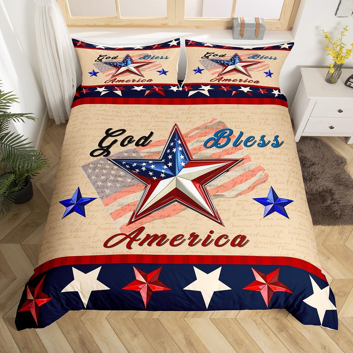Erosebridal Patriotic Duvet Cover Queen Size God Bless America Bedding Set for Adults Men Boys American Stars 4Th of July Comforter Cover Memorial Day Independence Day Blue Red Bedclothes