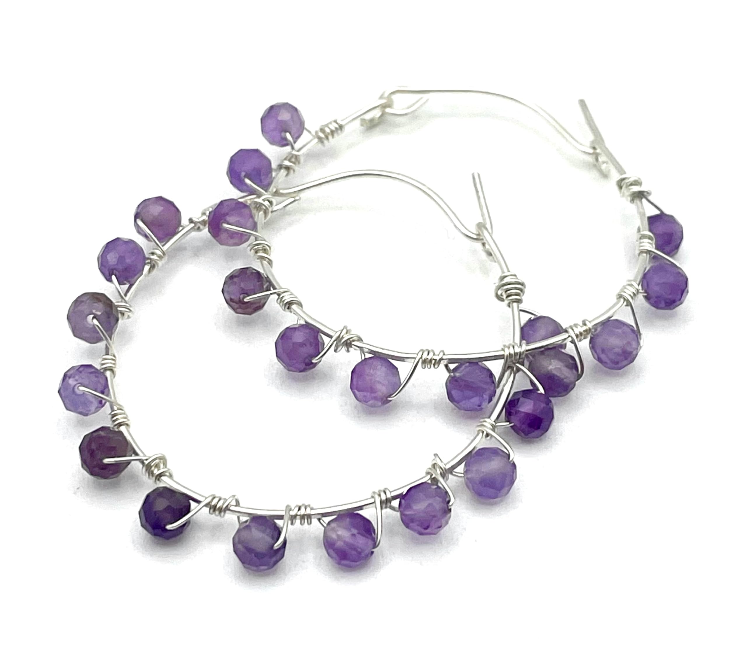 Orecchini con Ametista Viola e Cerchi in Argento 925, Gioielli Artigianali, Bijoux Fatti a Mano, Regalo per Lei