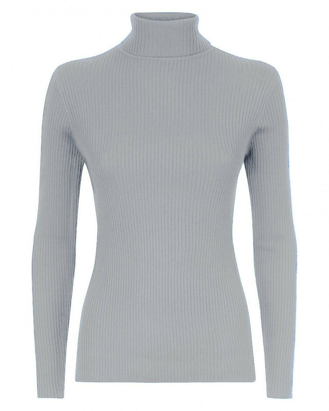 GUBA Womens Polo Neck TOP Ribbed Ladies ROLL Turtle HIGH Neck Jumper Long Sleeve Grey