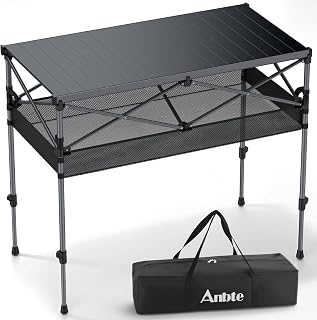 Anbte Mesa Plegable Camping 100 x 50 x70/87 cm, Mesa de Jardín Aluminio Impermeable Mesa Portátil Ultraresistente Engrosada para Jardín, Playa, Oficina, Balcón-Negro