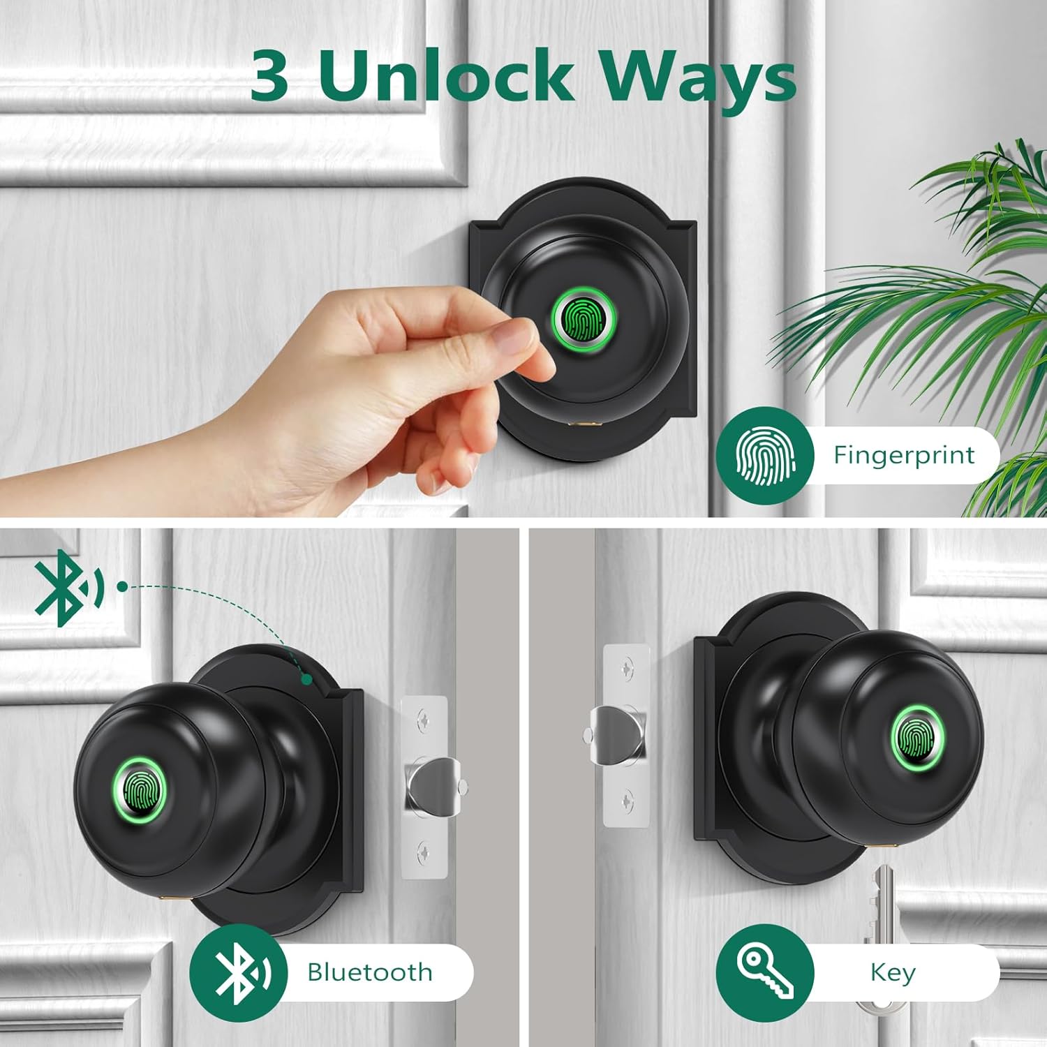 GeekTale Fingerprint Door Lock for Bedrooms, Fingerprint Door Knob with Lock, Smart Door Lock, App Control, Back-up Keys, Thumbprint Door Knob for Bedrooms, Office, Apartment