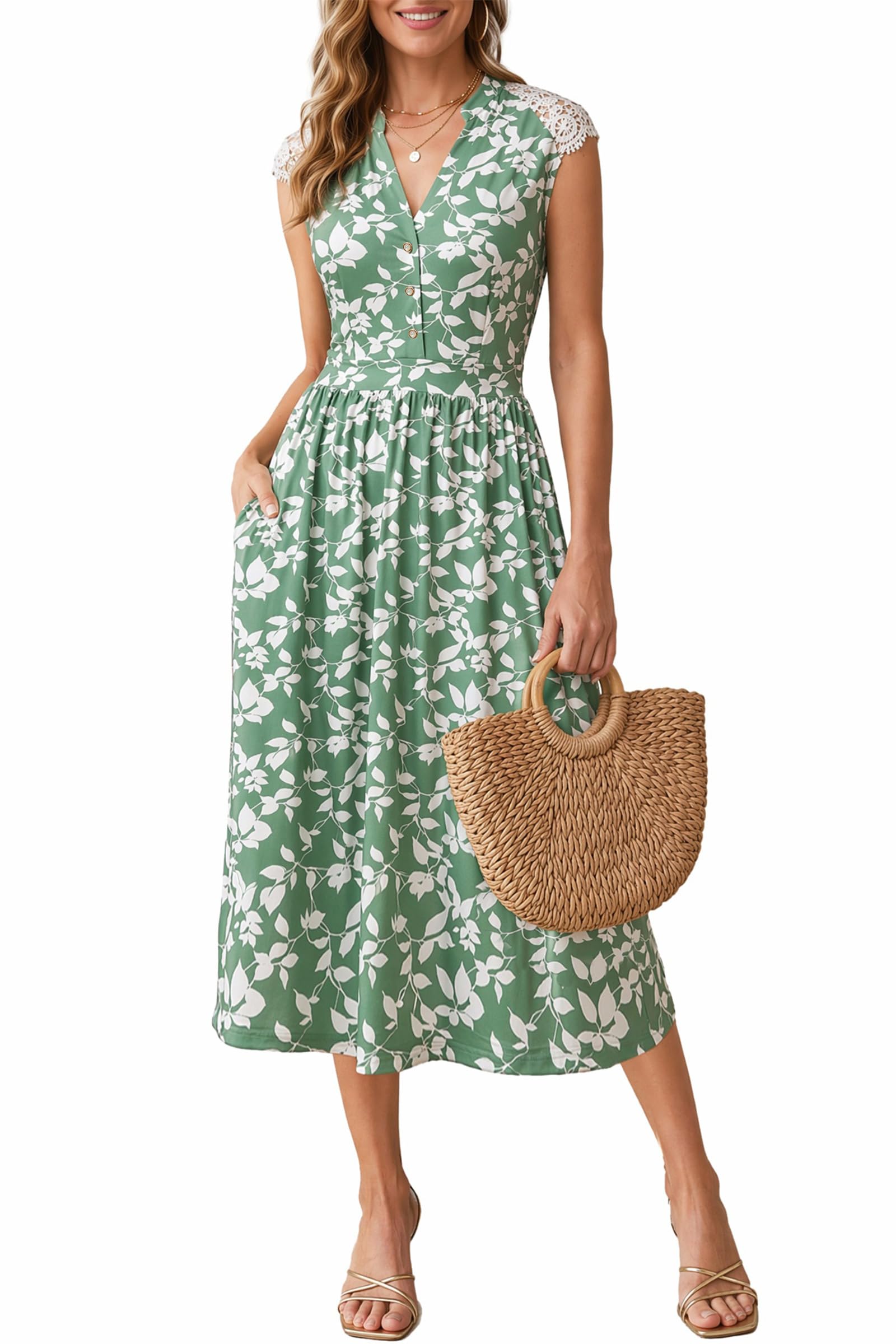 Newshows Sommerkleid Damen V Ausschnitt A Linien Sommer Kleid Elegant Midikleid mit Taschen