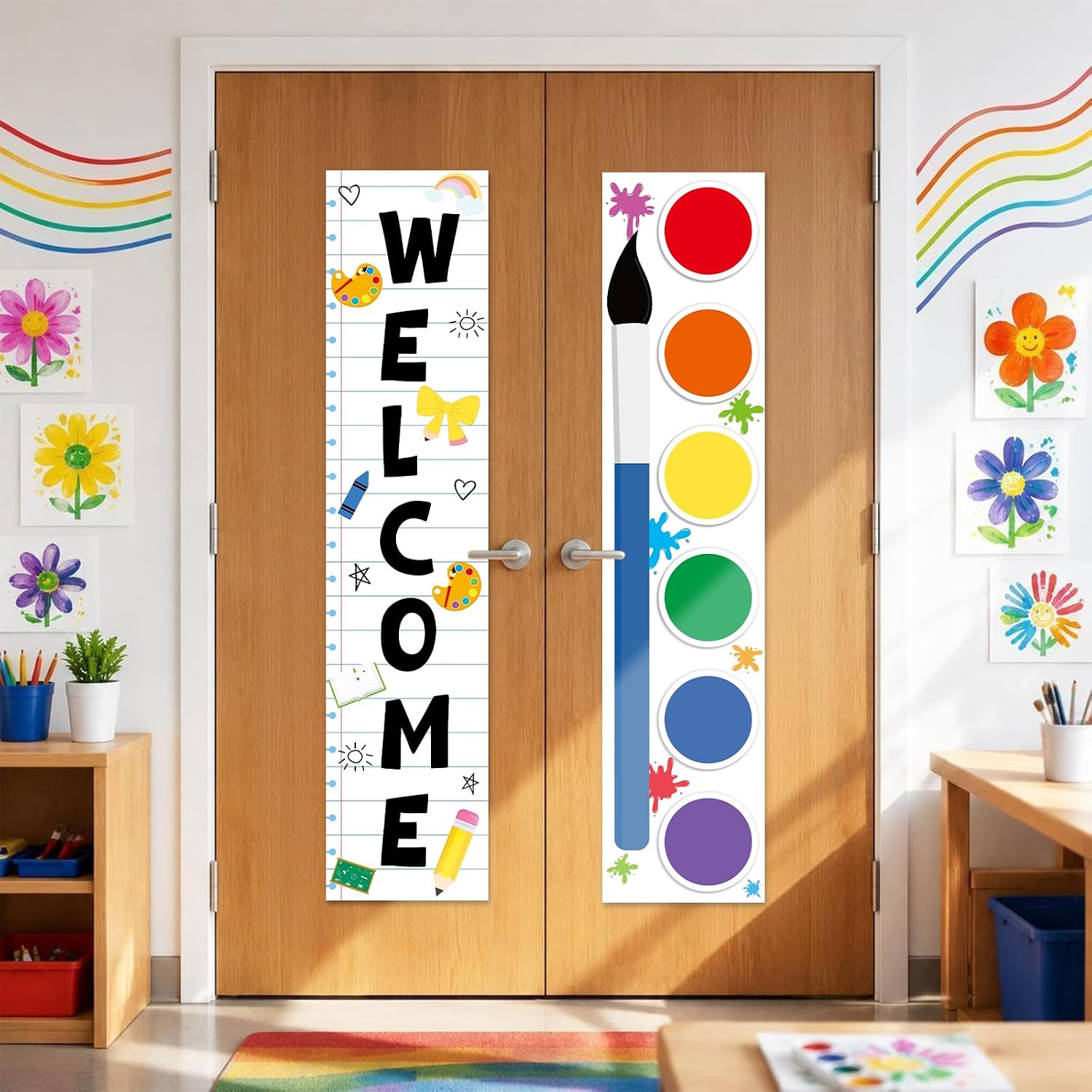 2 PCS Art Classroom Door Window Cover Artist Palette Door Curtain Paint Brush Blackout Lockdown Shades Pencil Bow Glass Window Covering Darkening Blackout Roller Shades Room Back to School Supplies
