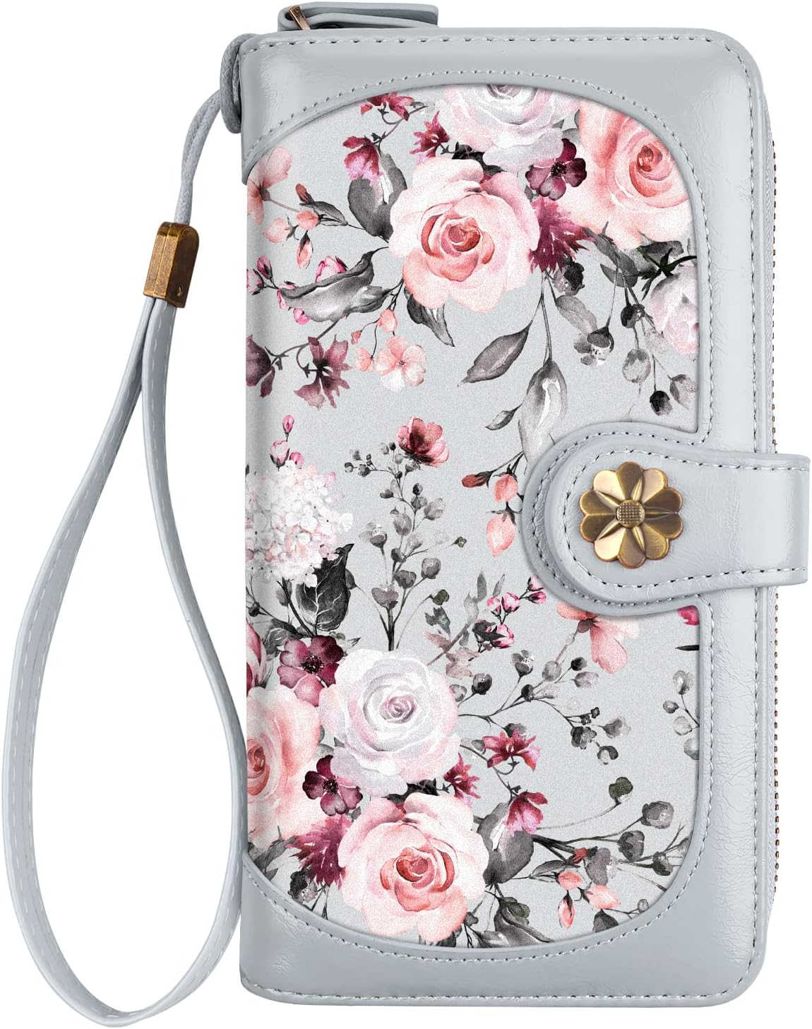 Wallets for Women Multi Card Holder Wallet Clutch Wallet Card Holder Organizer Ladies Purse with Wrist strap Purse,Grey Flowers