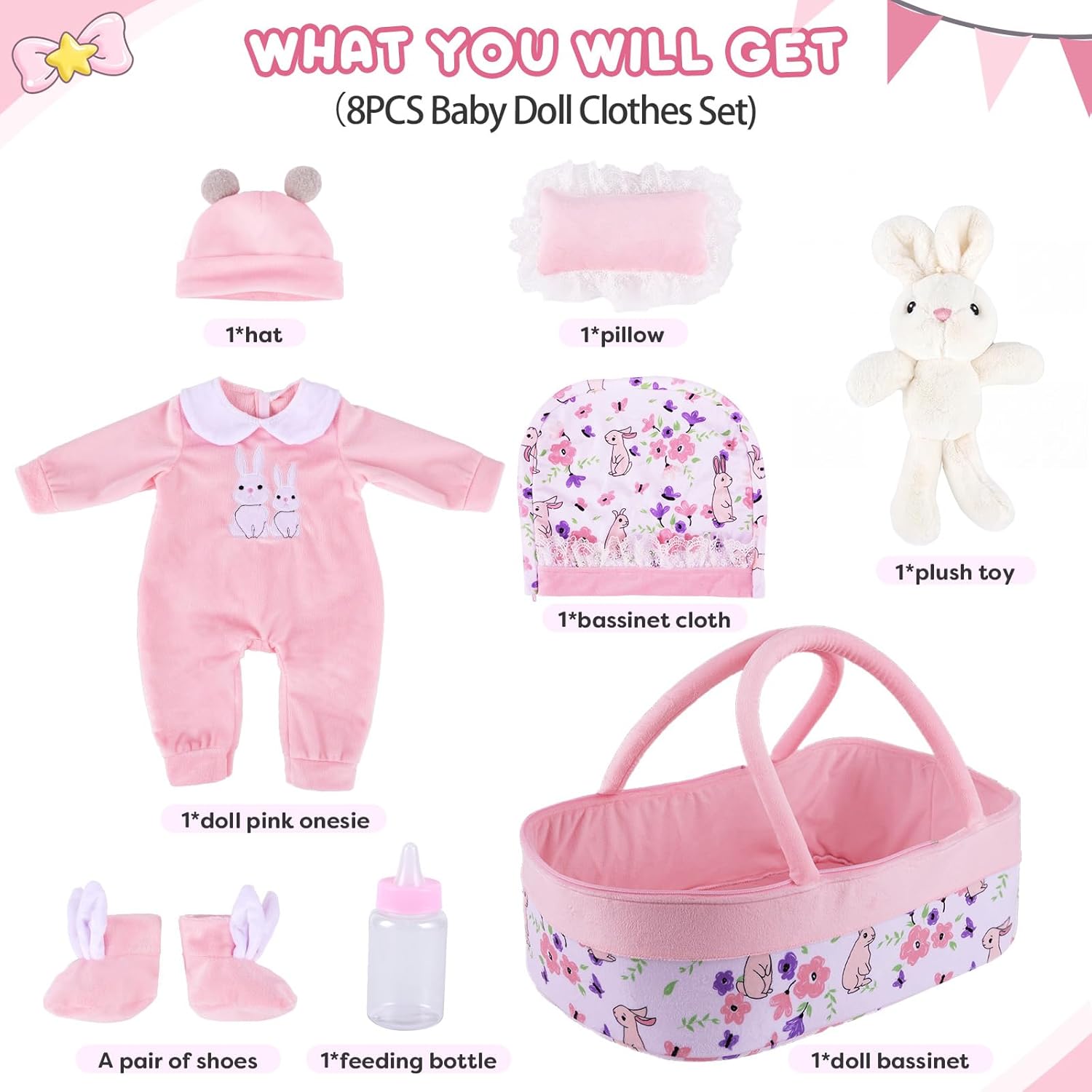 BABESIDE 8 Pcs Reborn Baby Doll Clothes with Bassinet for 17-22 Inch Baby Dolls, Baby Dolls Clothes Doll Accessories Set for Realistic Baby Dolls Girl (Not Doll)