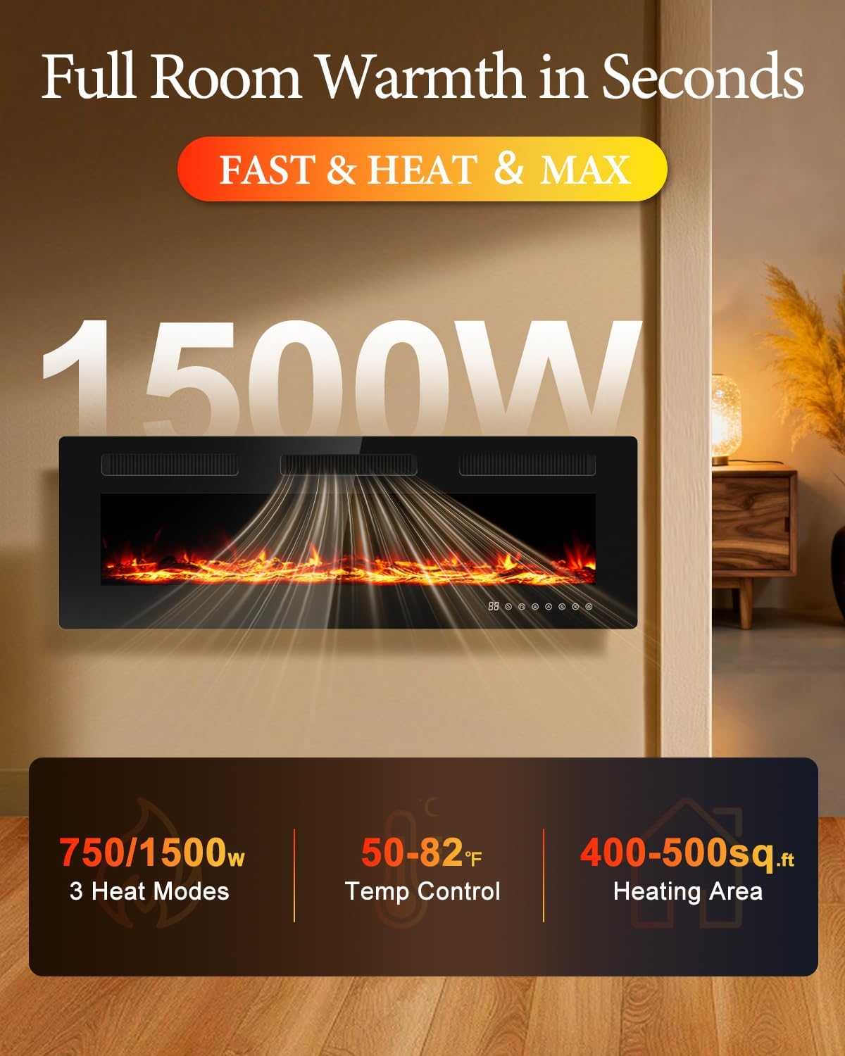 60" Electric Fireplace Insert| Wall Fireplace Electric with 3 Remote Controls |36 Custom Flame Effects — 6 Flame Speed＆6 Brightness Levels |225 Color Combinations |Fireplace with 12H Timer |750-1500W
