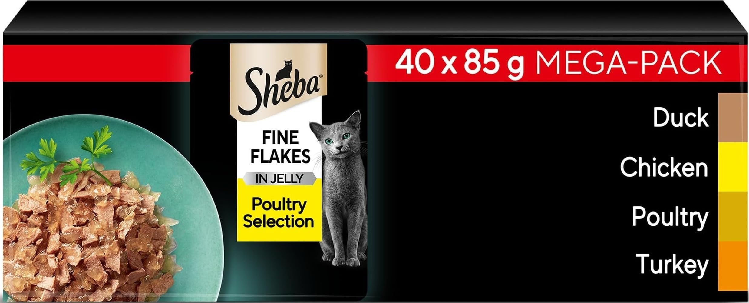 Fine Flakes in Jelly – Poultry Collection – Wet cat food pouches for adult cats – 40x85g pack