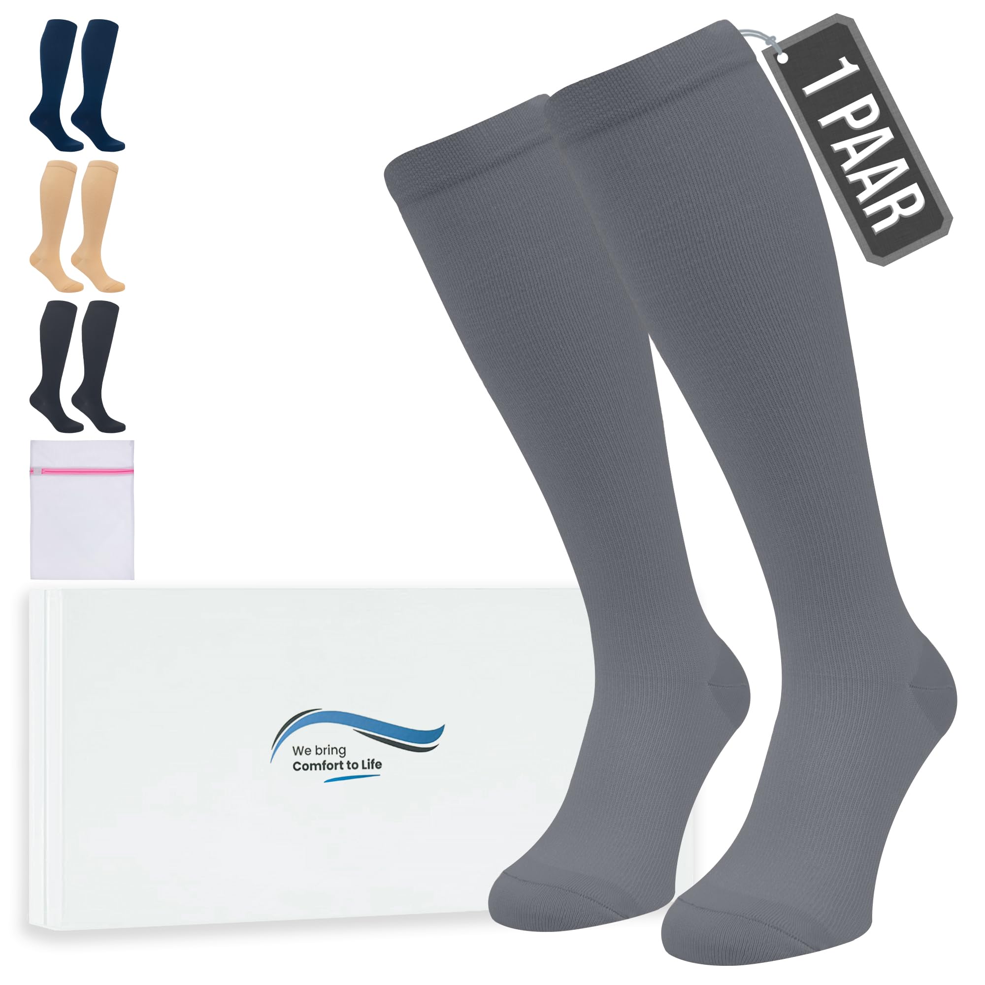 360 Relief Kompressionsstrümpfe Herren und Damen - 1 Paar Stützstrümpfe für Sport, Laufen, Flug, Reise, Joggen, Radsport - Thrombosestrümpfe L/XL Grau mit Wäschenetz