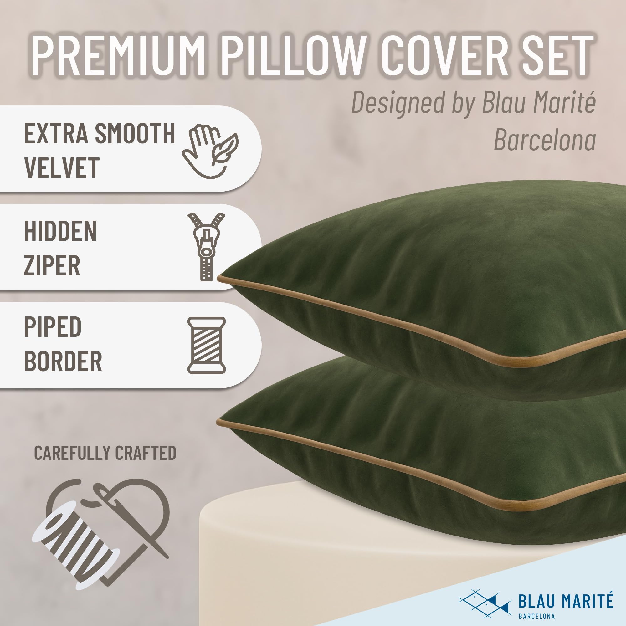 Blau Marité Set of 2 Velvet Throw Pillow Covers with Contrast Piping, Soft Decorative Cushion Covers, Green and Camel - Image 2