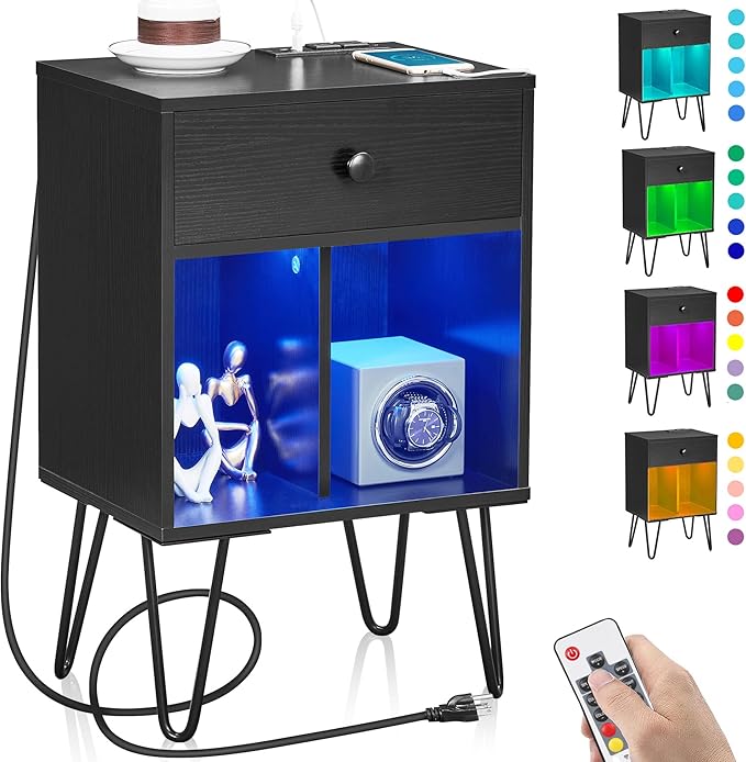 ANWBROAD Nightstand with Charging Station and LED Light, 
