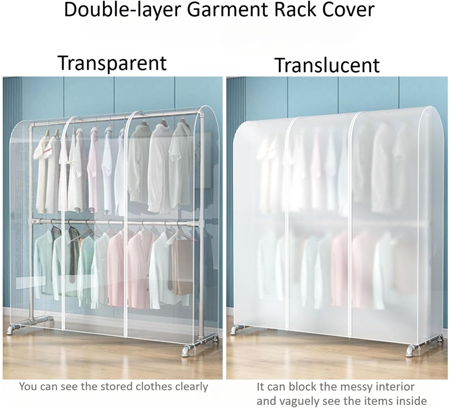 Staubschutz für Kleiderständer, 2 m, extra hoher Kleiderstangenschutz mit doppeltem Reißverschluss, Kleideraufbewahrung, Kleiderbügelabdeckung für Kleider, Mäntel, Jacken (transparent, 200 x 50 x 200