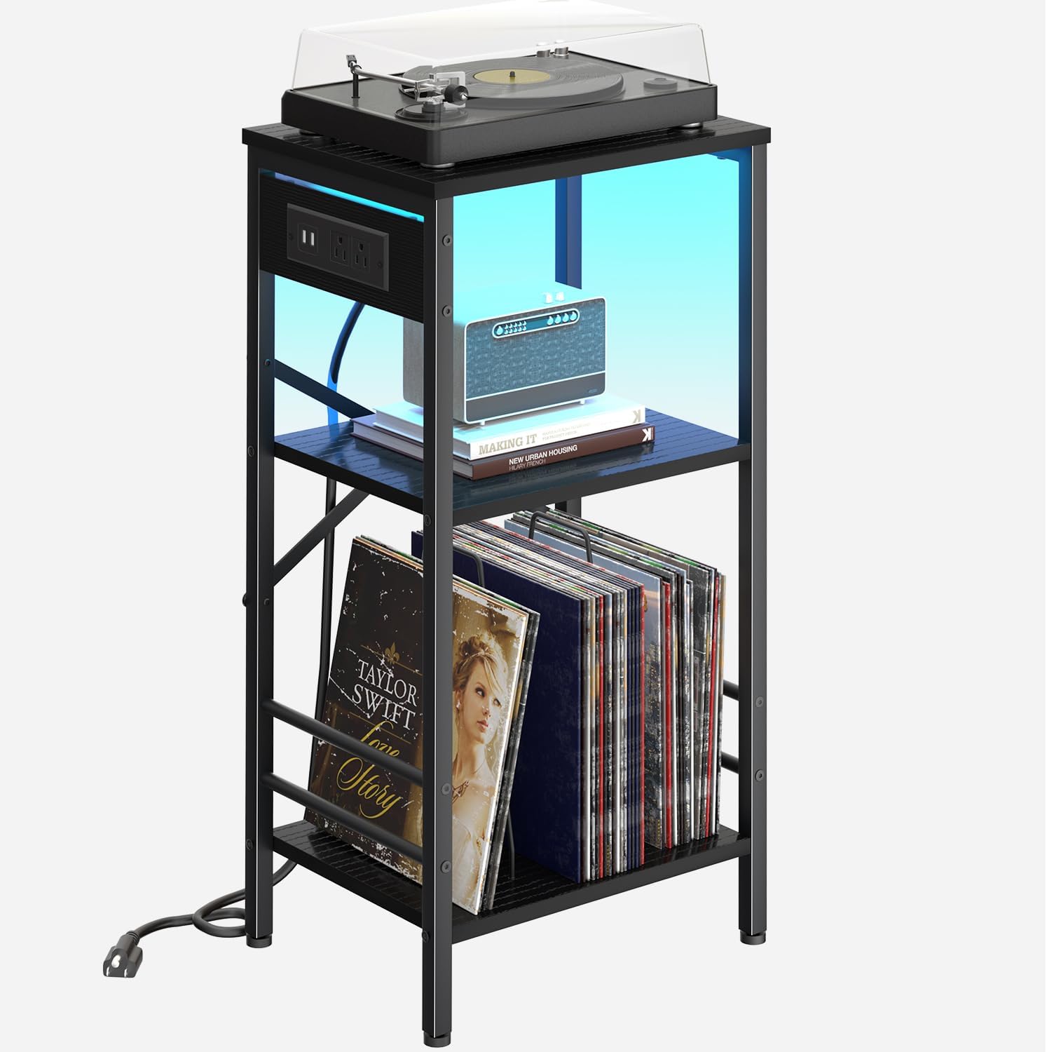 3-Tier End Table with LED Light, Record Player Stand with Charging Station, Side Table Nightstand for Vinyl Storage,Tall Beside Tables Turntable Stand Living Room, Bedroom, Black