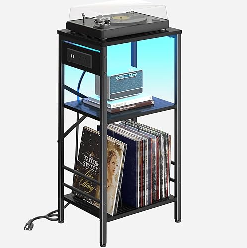 Miniatura 17 de Mesa auxiliar alta con estación de carga, mesita de noche estrecha de 3 niveles con almacenamiento, mesa auxiliar delgada con puertos USB y salidas