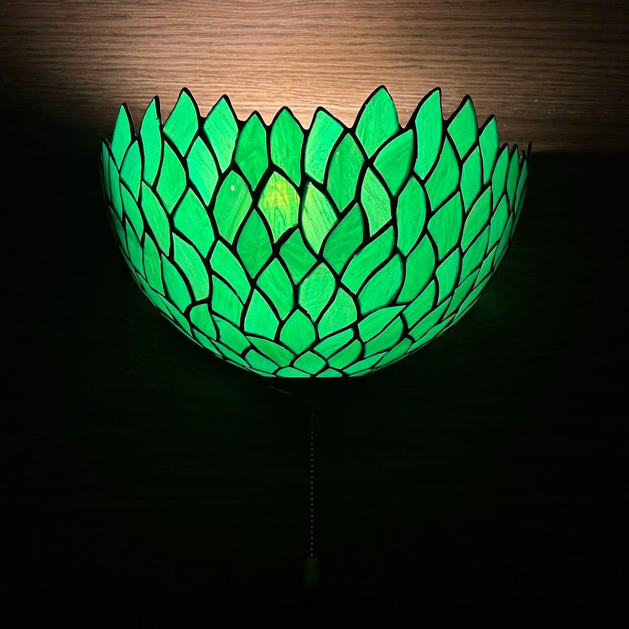 Tiffany Sconces Lamp Green Leaves Stained Glass Half Moon Pull Chain Switch LED Bulb Included for Bedroom Living Room 12" W*6" D*7" H