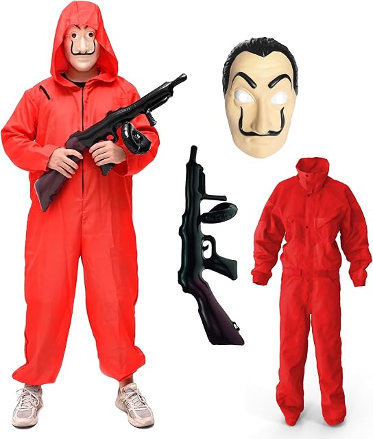 Kostium 3 w 1 - House of Money/Dom z Papieru - dla dorosłych unisex - z maską Dali Salvador, dmuchanym pistoletem i kombinezonem na karnawał i Halloween (XL-XXL)