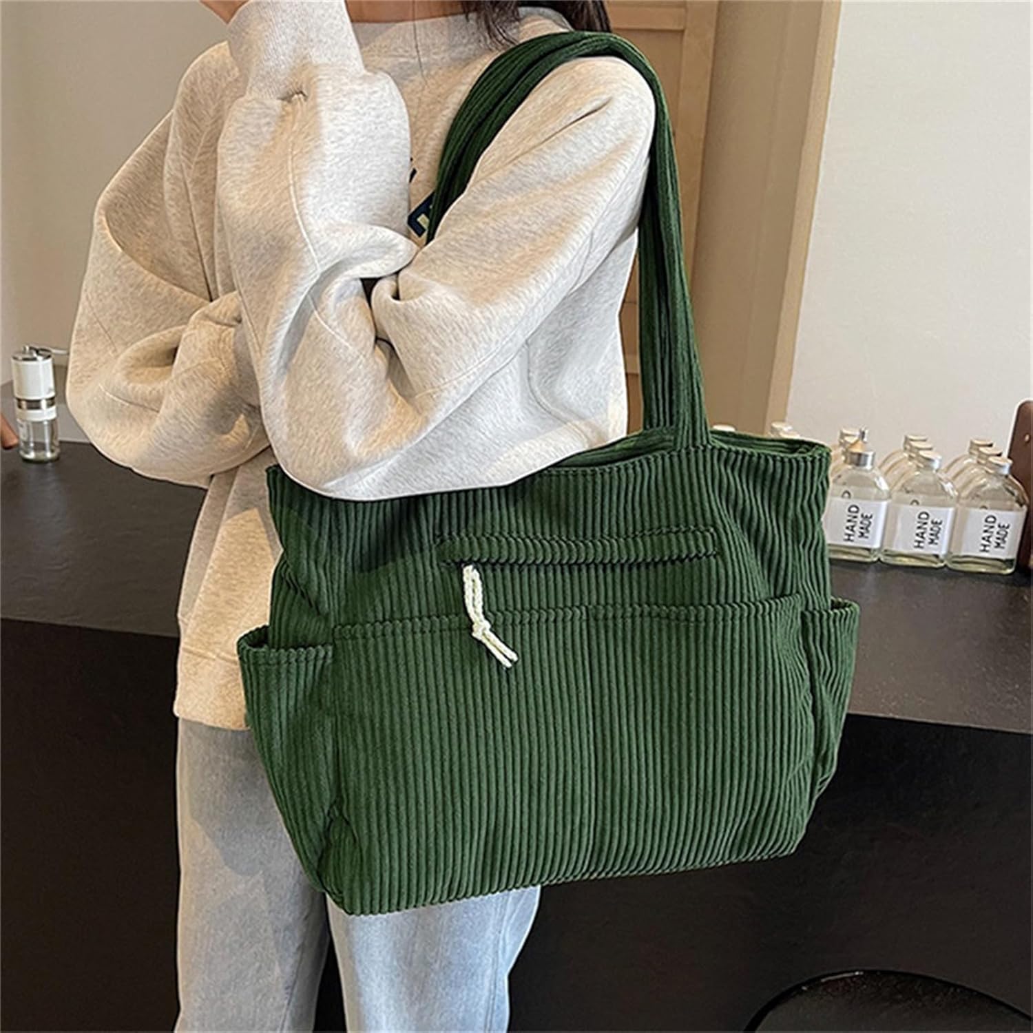 Corduroy Tote Bag for Women, Multiple Pockets Large Hobo Shoulder Bag for Office & Shopping, Zipper Casual Handbags - Image 2