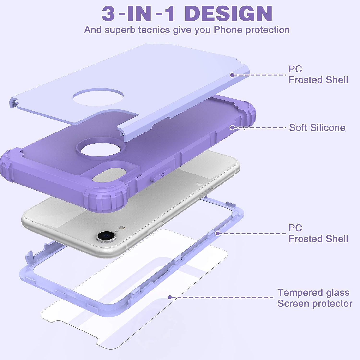 IDweel iPhone XR Case with Tempered Glass Screen Protector, 3 in 1 Shockproof Slim Hybrid Heavy Duty Hard PC Cover Soft Silicone Bumper Full Body Case for iPhone XR 6.1 Inch, Purple