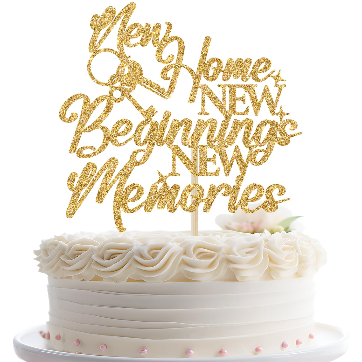Jenrtvis New Home New Beginning New Memories Cake Topper, Housewarming Cake Topper, Welcome Home, New House, Home Sweet Home Party Decor Gold Glitter