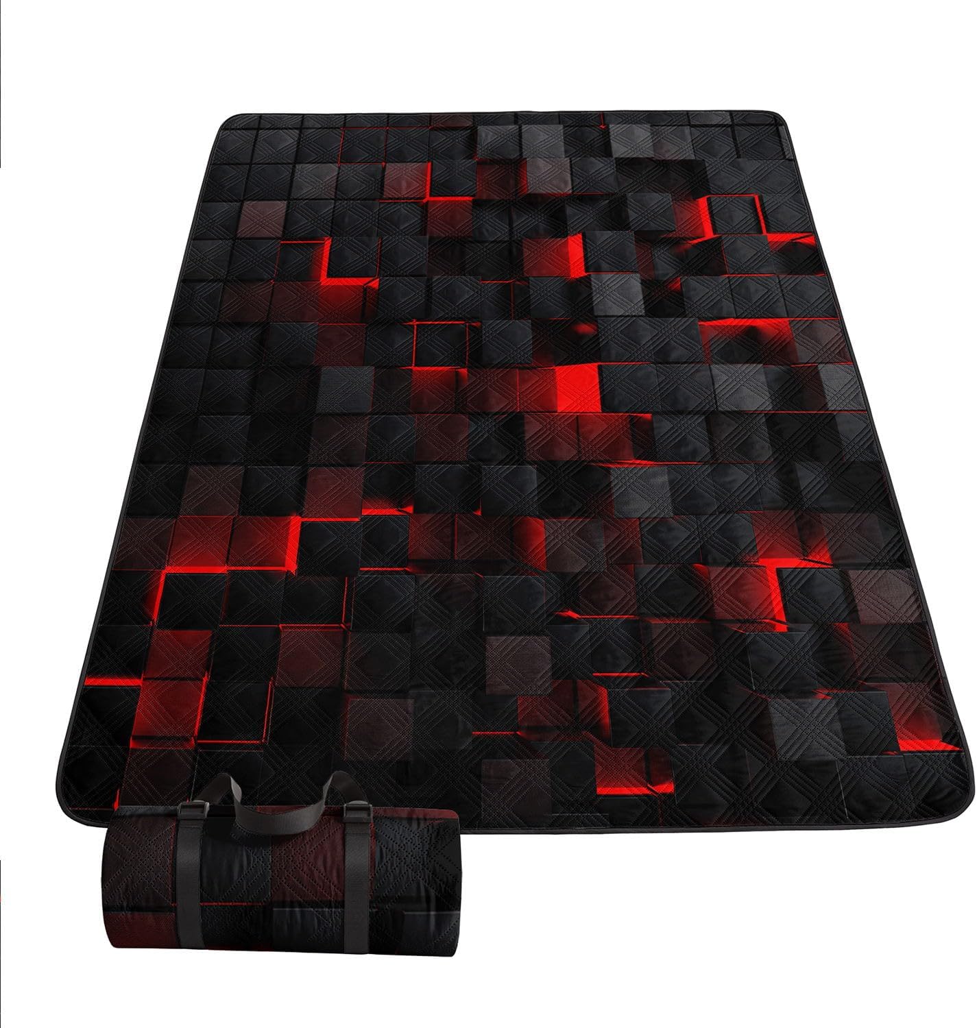 Outdoor Picnic Blanket Portable Ultrasonic Waterproof Picnic Black Red Stereoscopic Square Printed Camping Beach Mat for Sand and Wet Grass Hiking (Black Red Square S