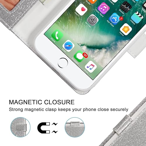 Miniatura 5 de UEEBAI Funda tipo cartera para iPhone SE 202278SE 2020, funda de piel sintética con purpurina brillante de alta calidad con ranuras para tarjetas,