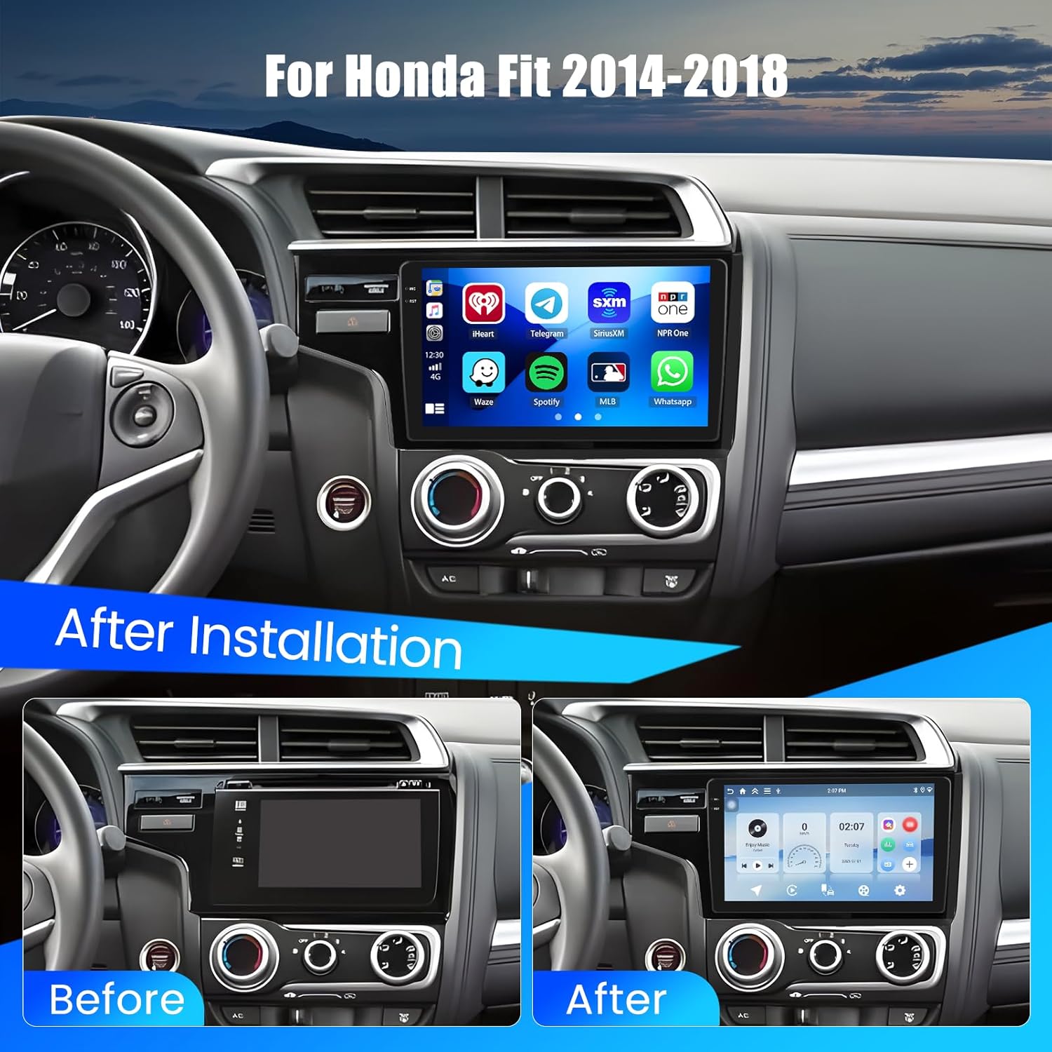 Hikity for Honda Fit 2014 2015 2016 2017 2018 4+64G Android Car Stereo, 9”Incell Touchscreen Radio with CarPlay, Android Auto, Bluetooth, GPS Navigation, WiFi, FM, RDS + AHD Backup Camera