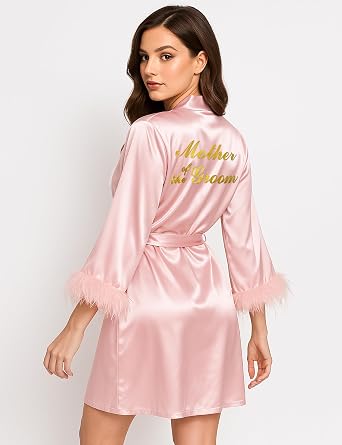 EPLAZA Bride Robe for Wedding Day Bridal Robes Feather Trim Satin Kimono Robe Bachelor Party Getting Ready Outfits