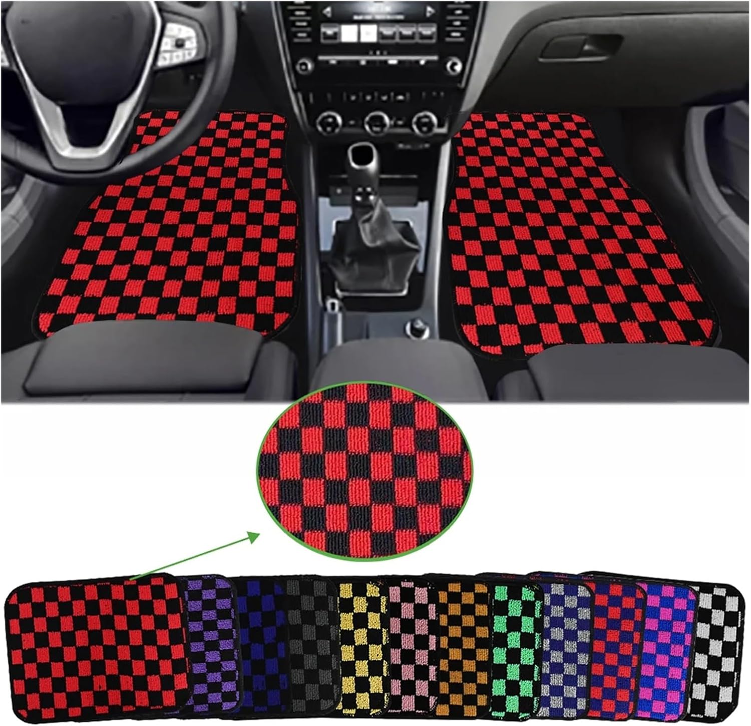 Floor Mats 4Pcs JDM Racing Plush Floor Mat Checkers Vehicle Front Rear Carpets Universal Car Floor Carpet Rugs Non-Slip Car Decoration Lightweight (White)