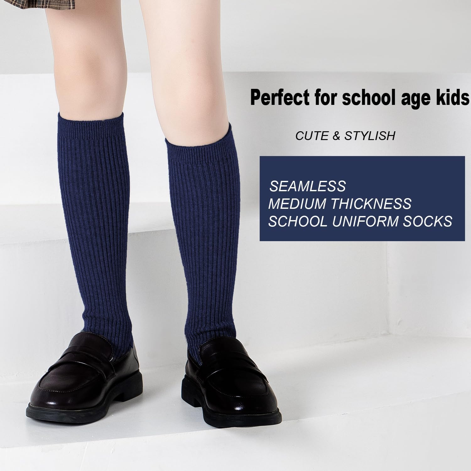 EPEIUS Girls Knee High Socks, Seamless Toe Cotton School Uniform Socks for Kids Age 3-14, Plain Cable Ribbed Multi-Pack