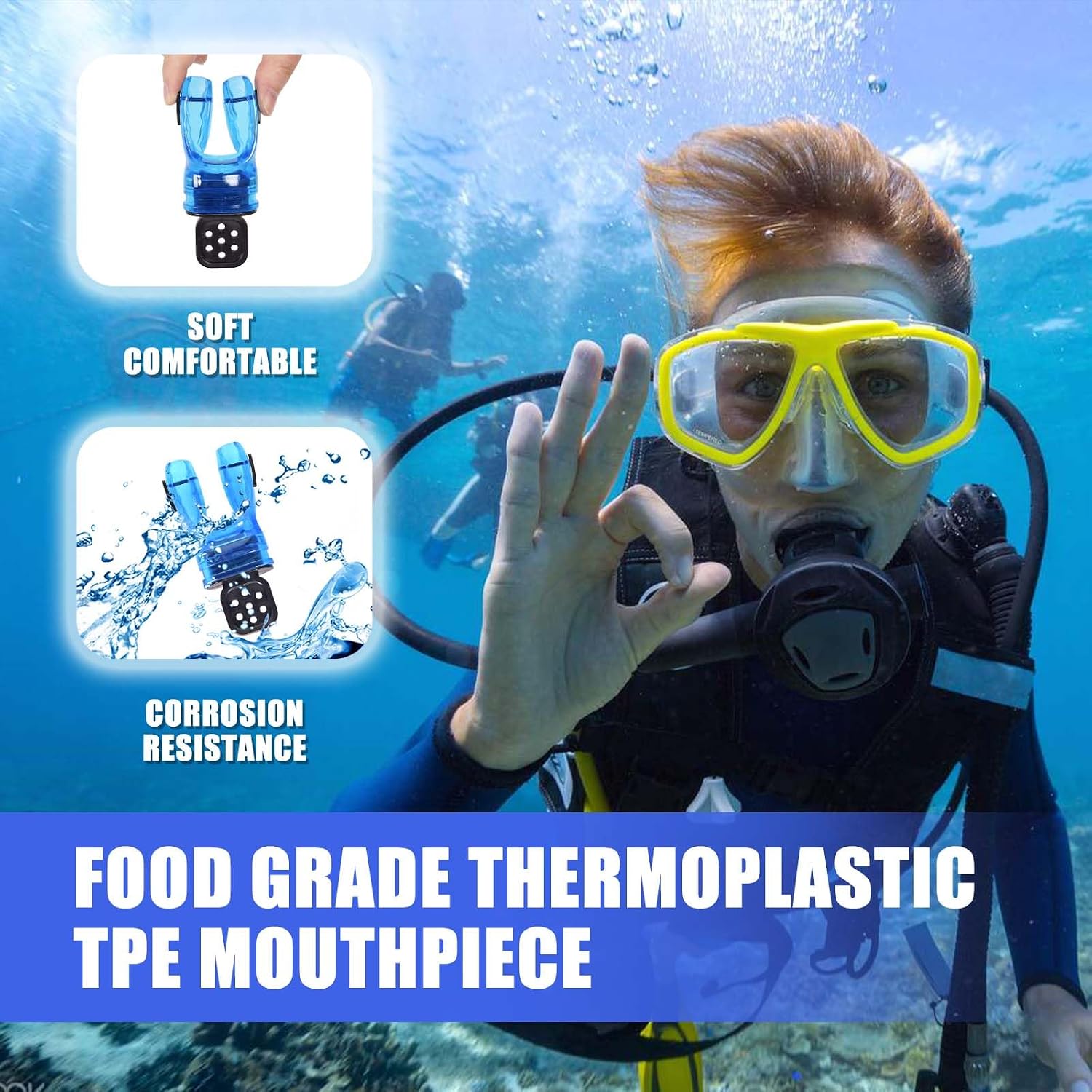 Bite Moldable Scuba Diving Mouthpiece, TPE Moldable Snorkel Mouthpiece Regulator with Regulator Tie Scuba Diving Mouthpiece Replacement Diving Regulator, Pink/Blue/Transparent Black